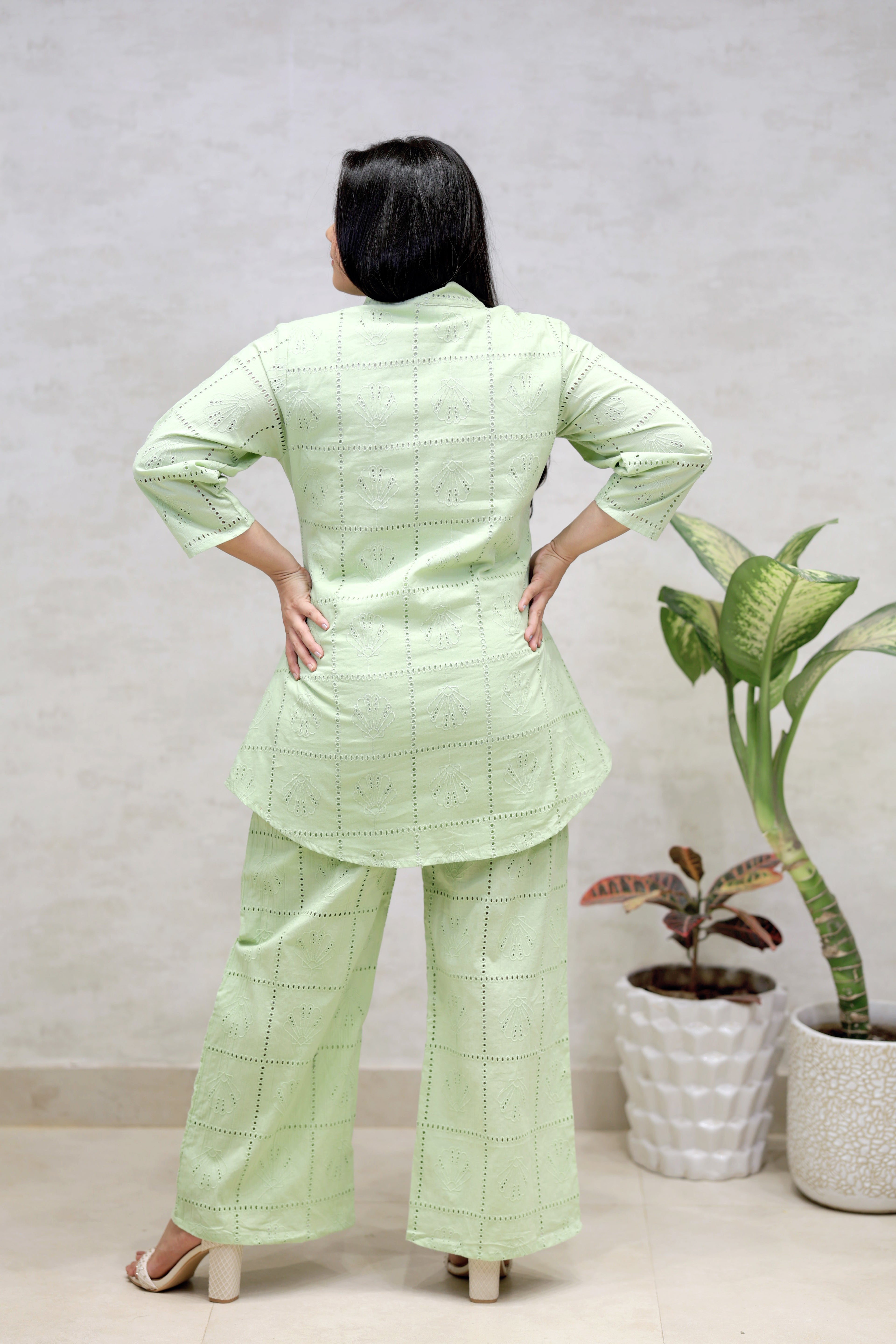 Chinese Collar Schiffli Kurta with Plazzo Pants