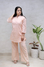 Chinese Collar Schiffli Kurta with Plazzo Pants