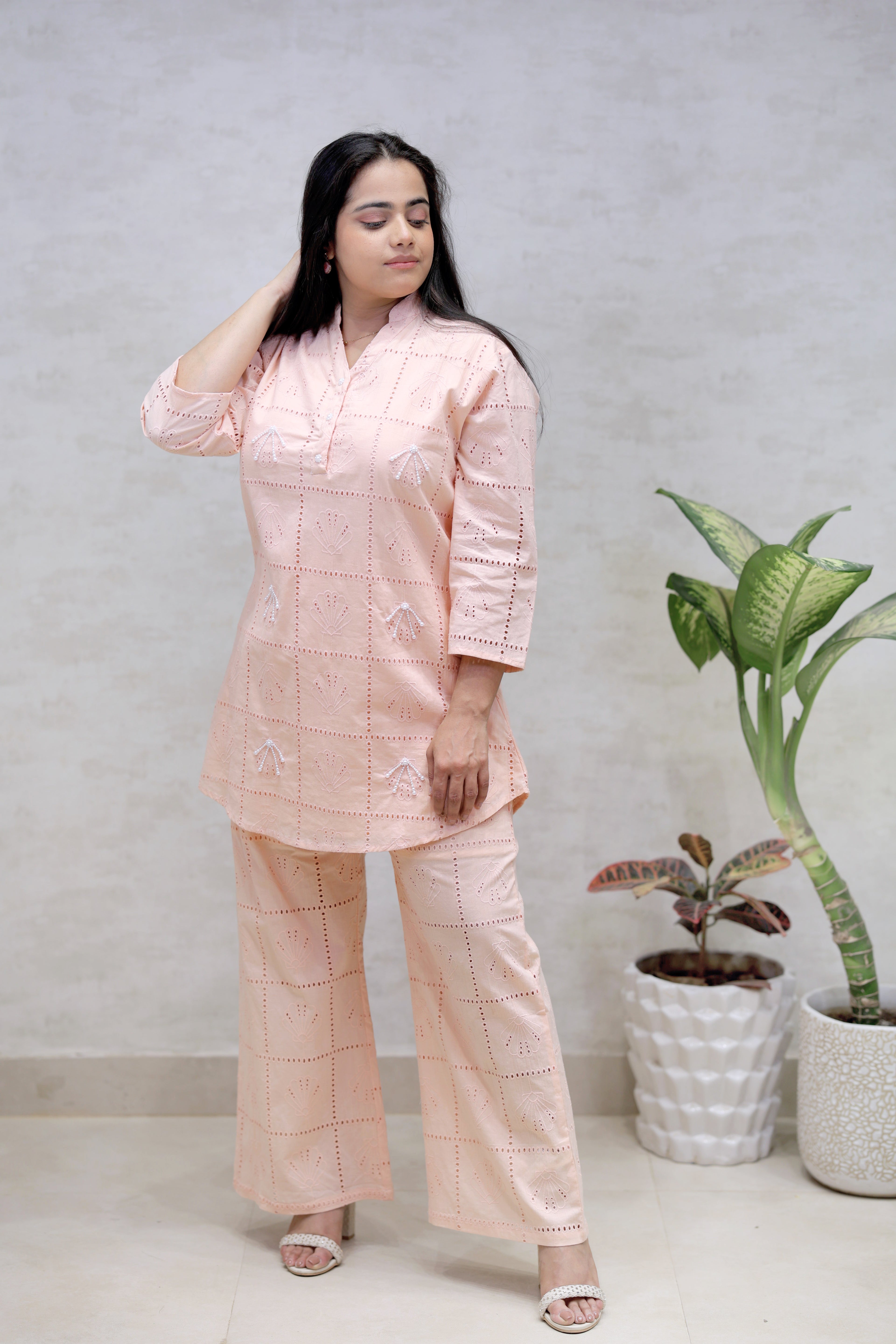 Chinese Collar Schiffli Kurta with Plazzo Pants