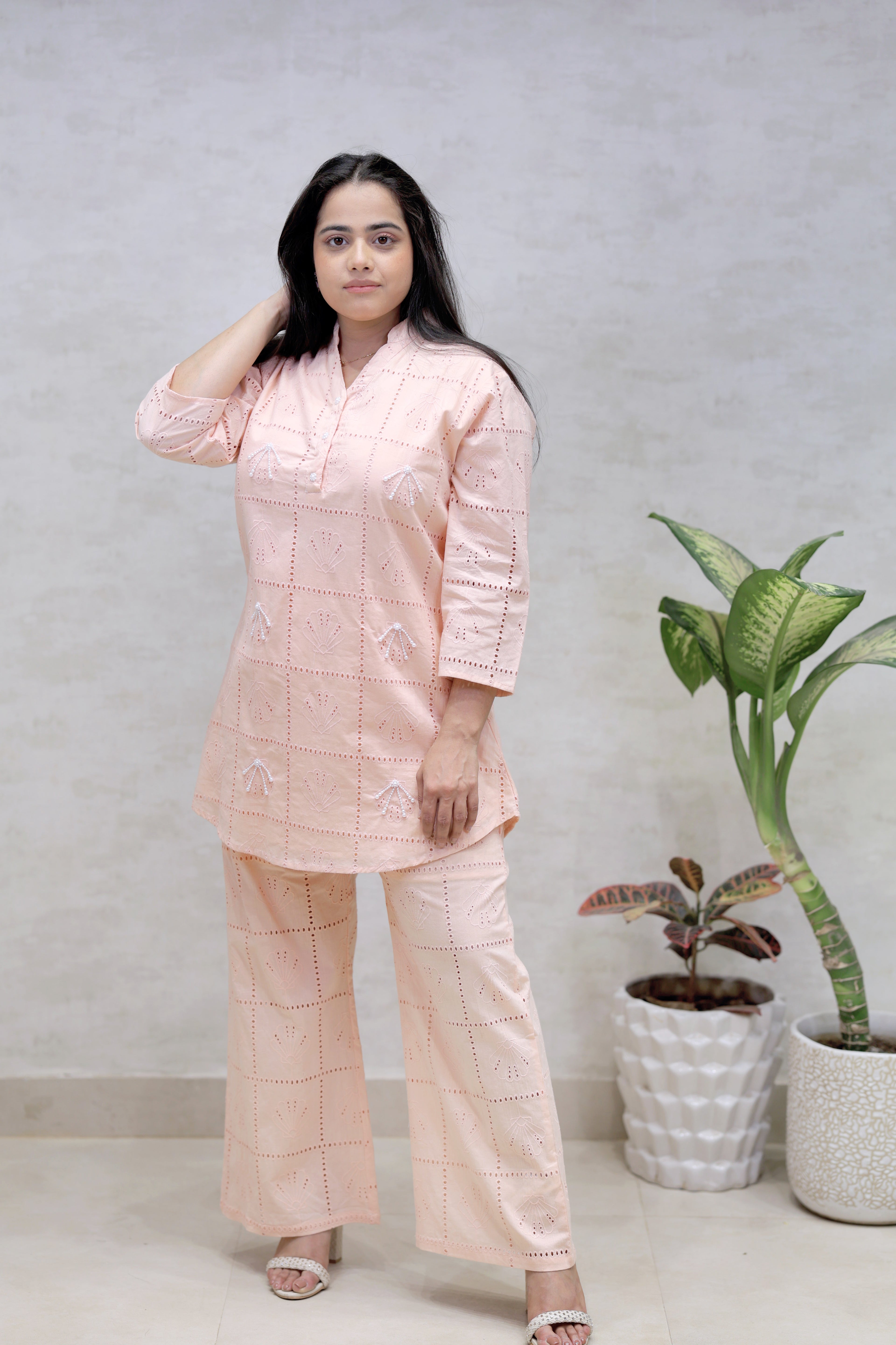 Chinese Collar Schiffli Kurta with Plazzo Pants