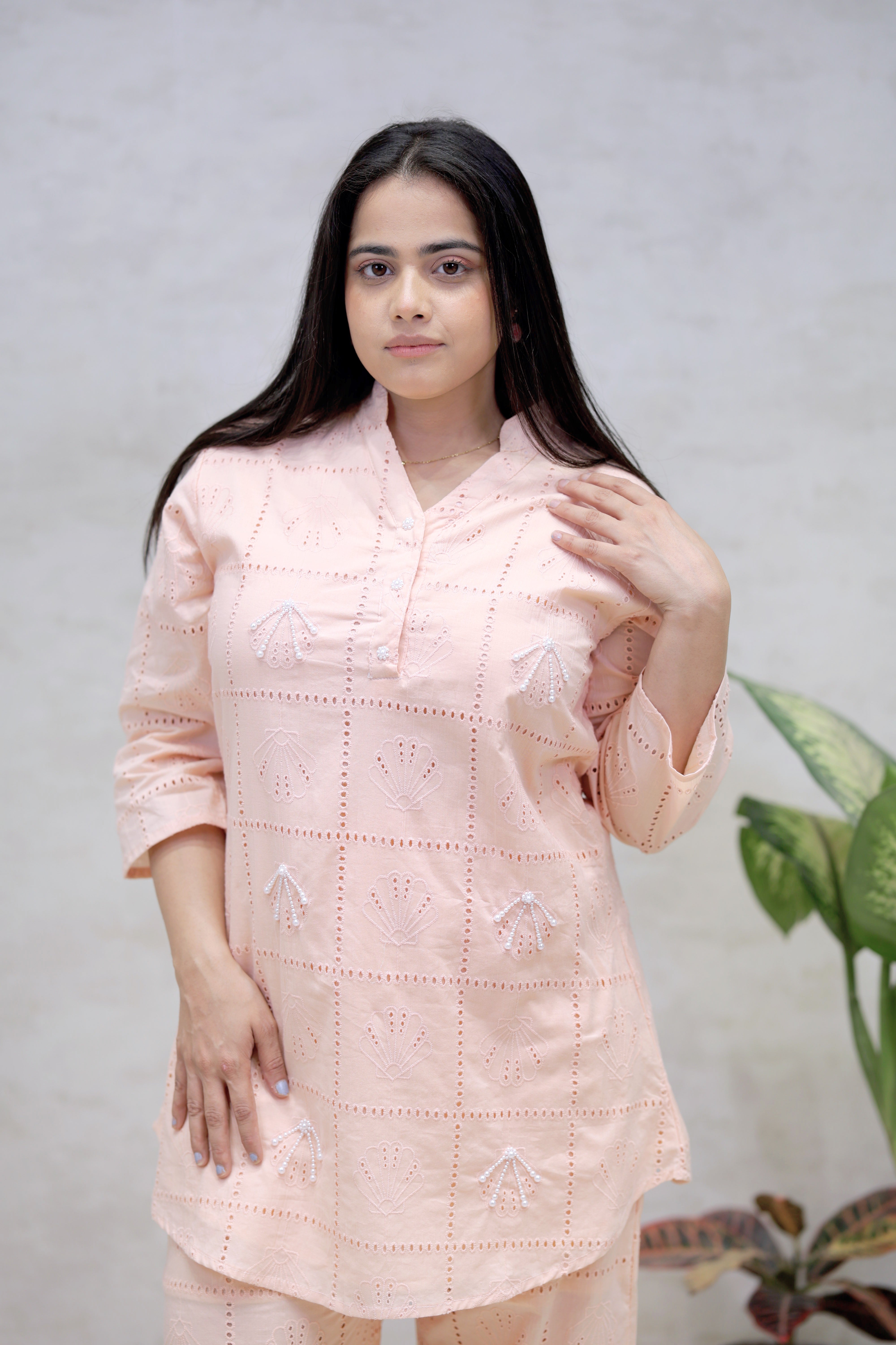 Chinese Collar Schiffli Kurta with Plazzo Pants