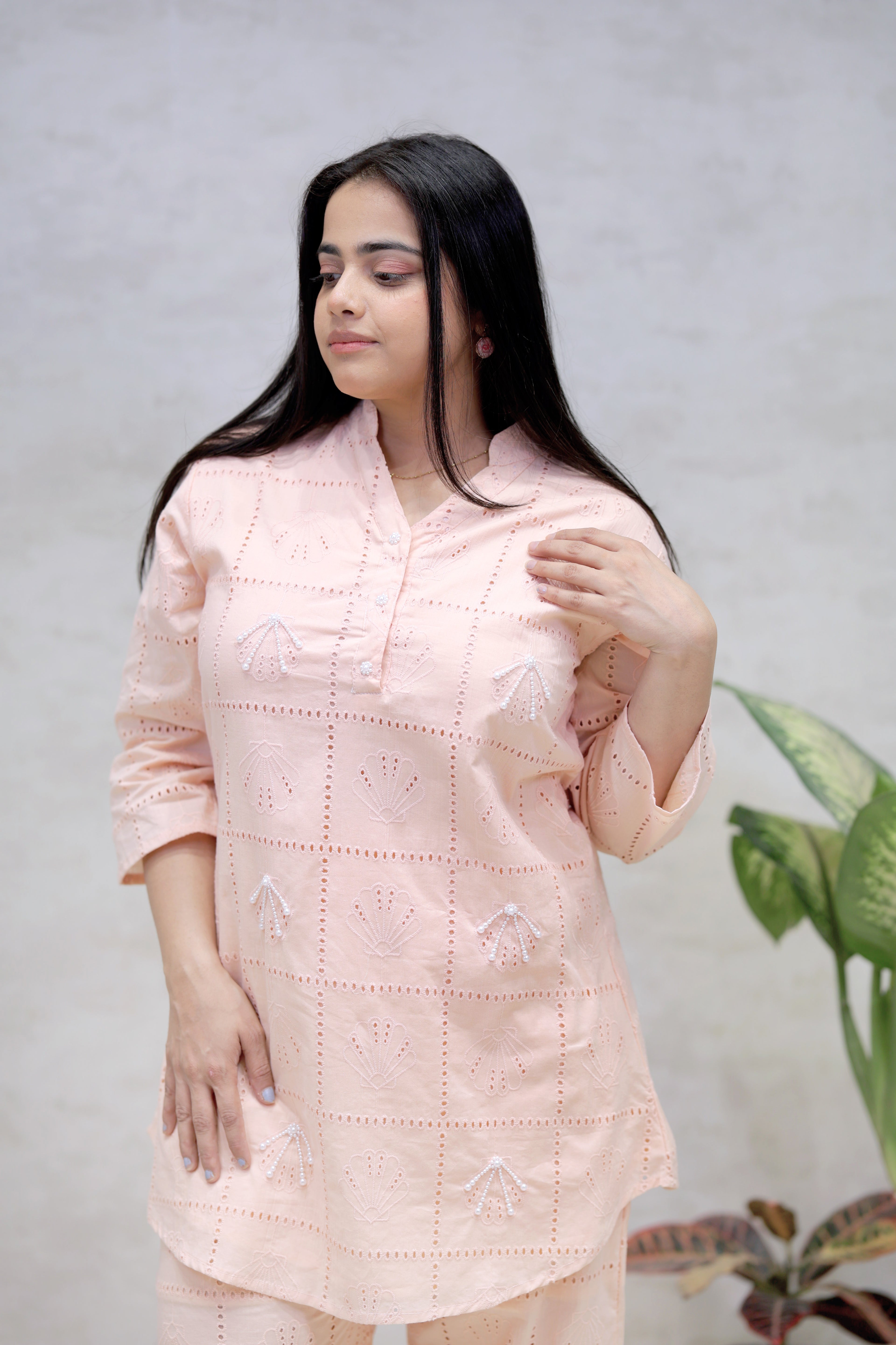 Chinese Collar Schiffli Kurta with Plazzo Pants