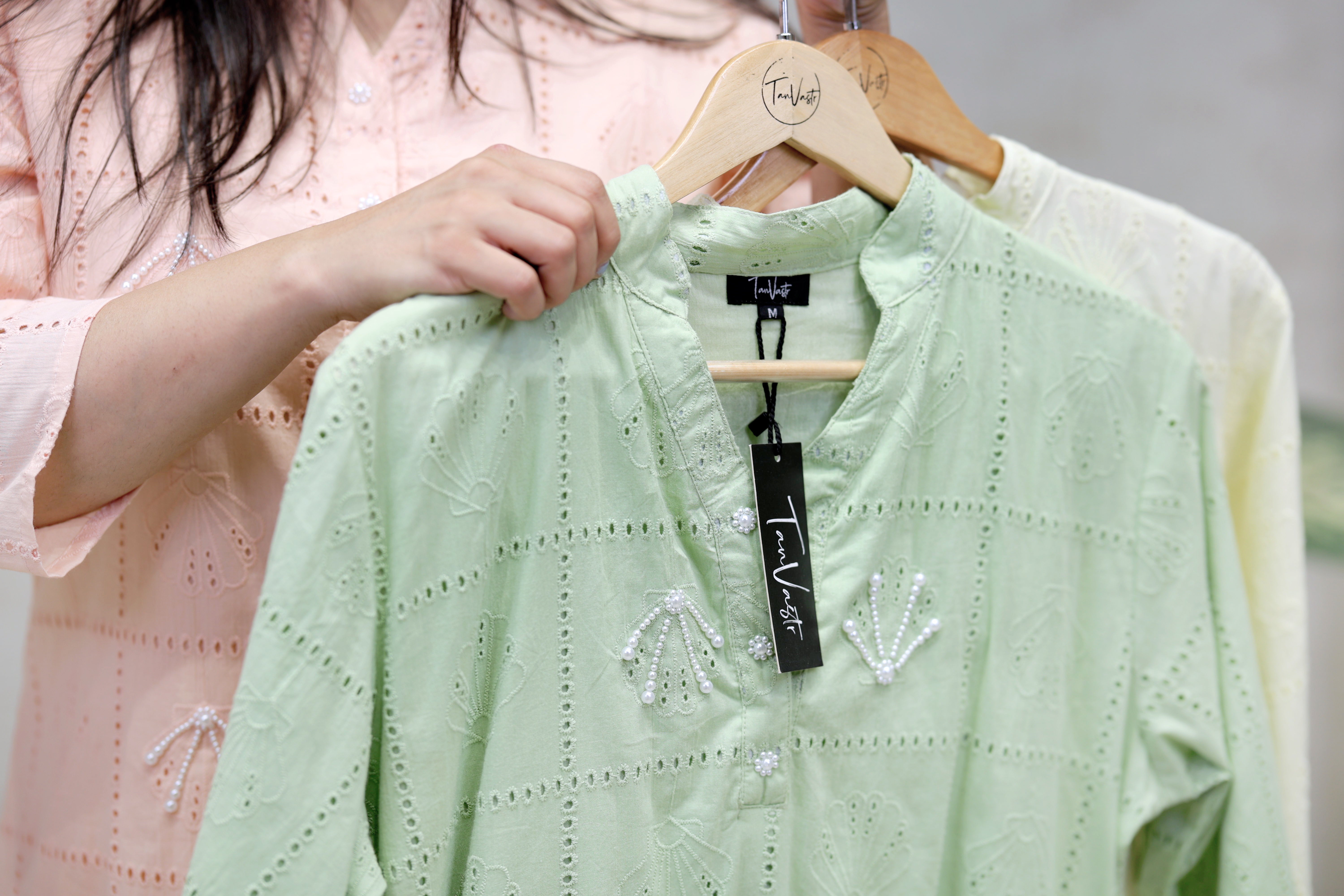 Chinese Collar Schiffli Kurta with Plazzo Pants