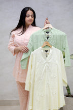 Chinese Collar Schiffli Kurta with Plazzo Pants