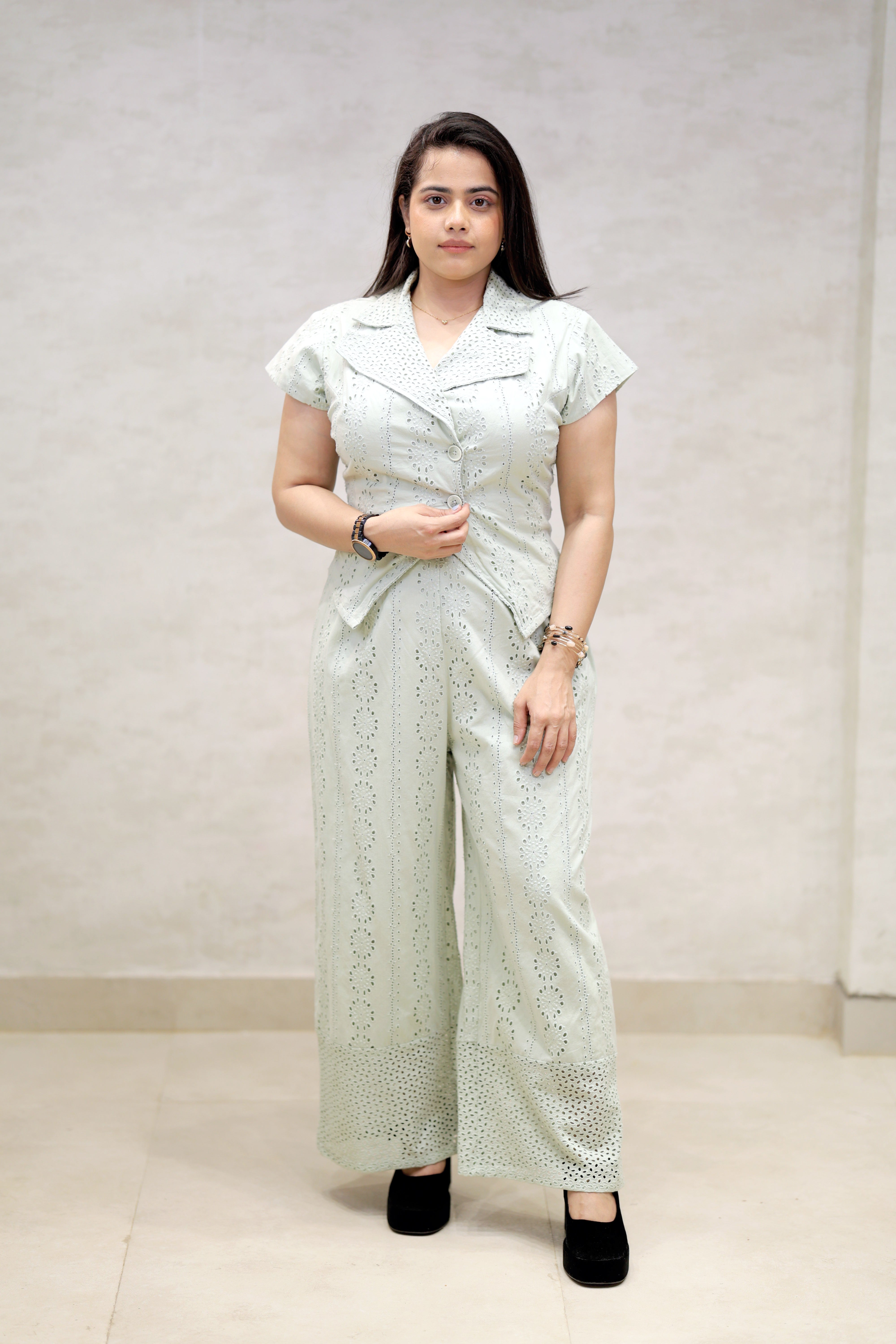 Floral Schiffli Short Shirt with Pants