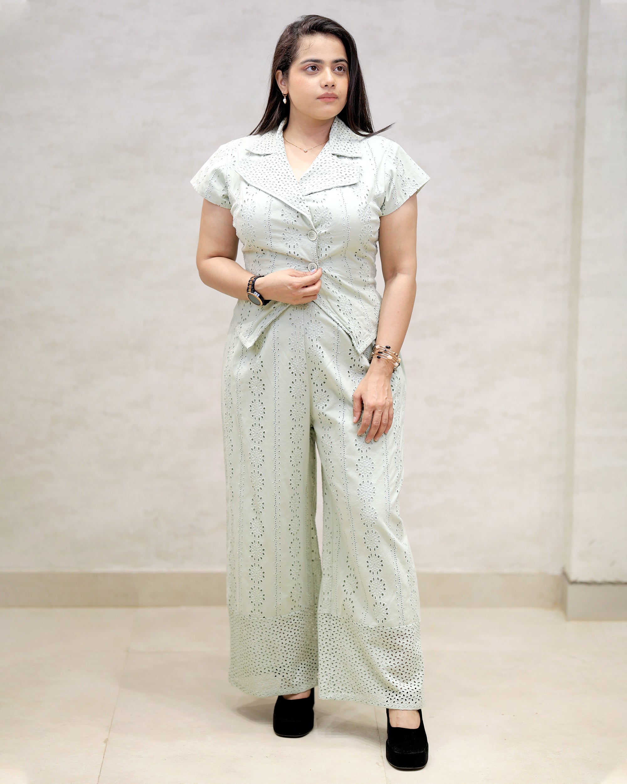 Floral Schiffli Short Shirt with Pants