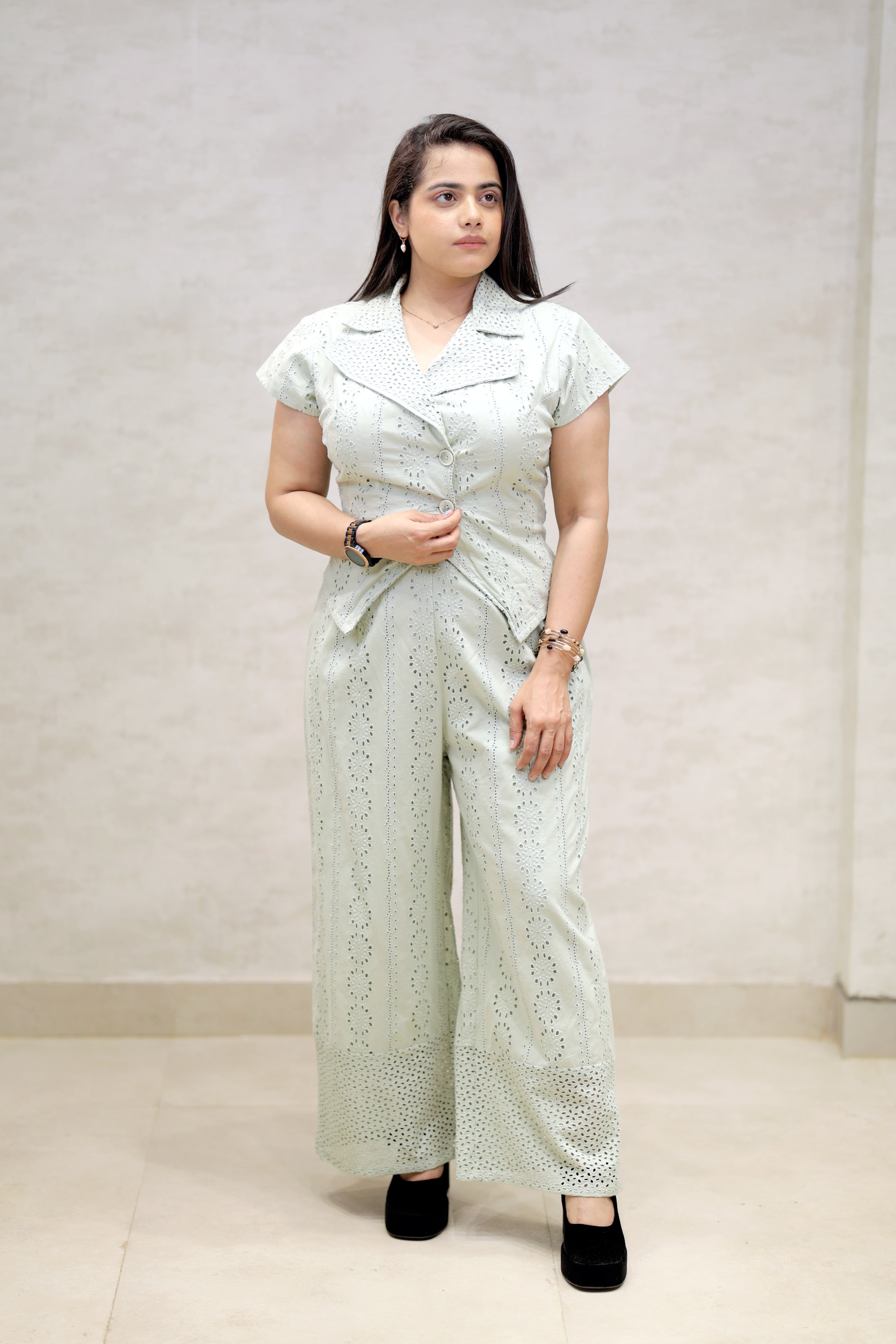Floral Schiffli Short Shirt with Pants