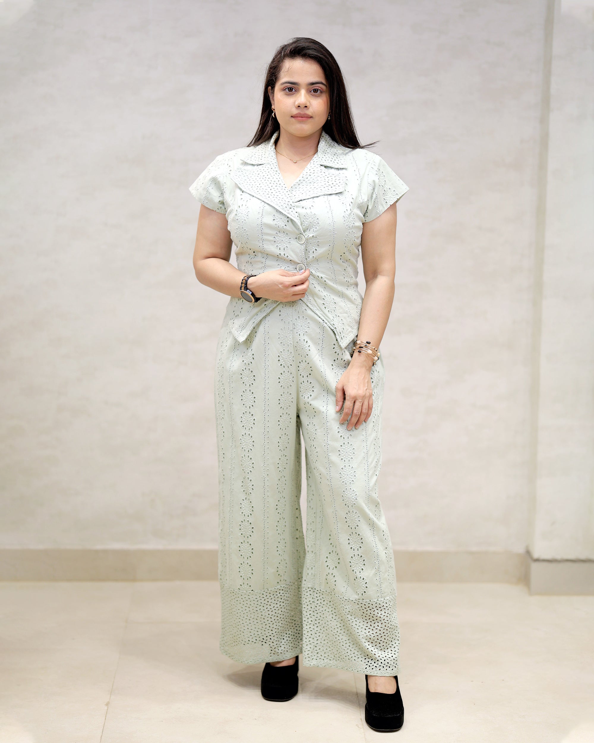Floral Schiffli Short Shirt with Pants