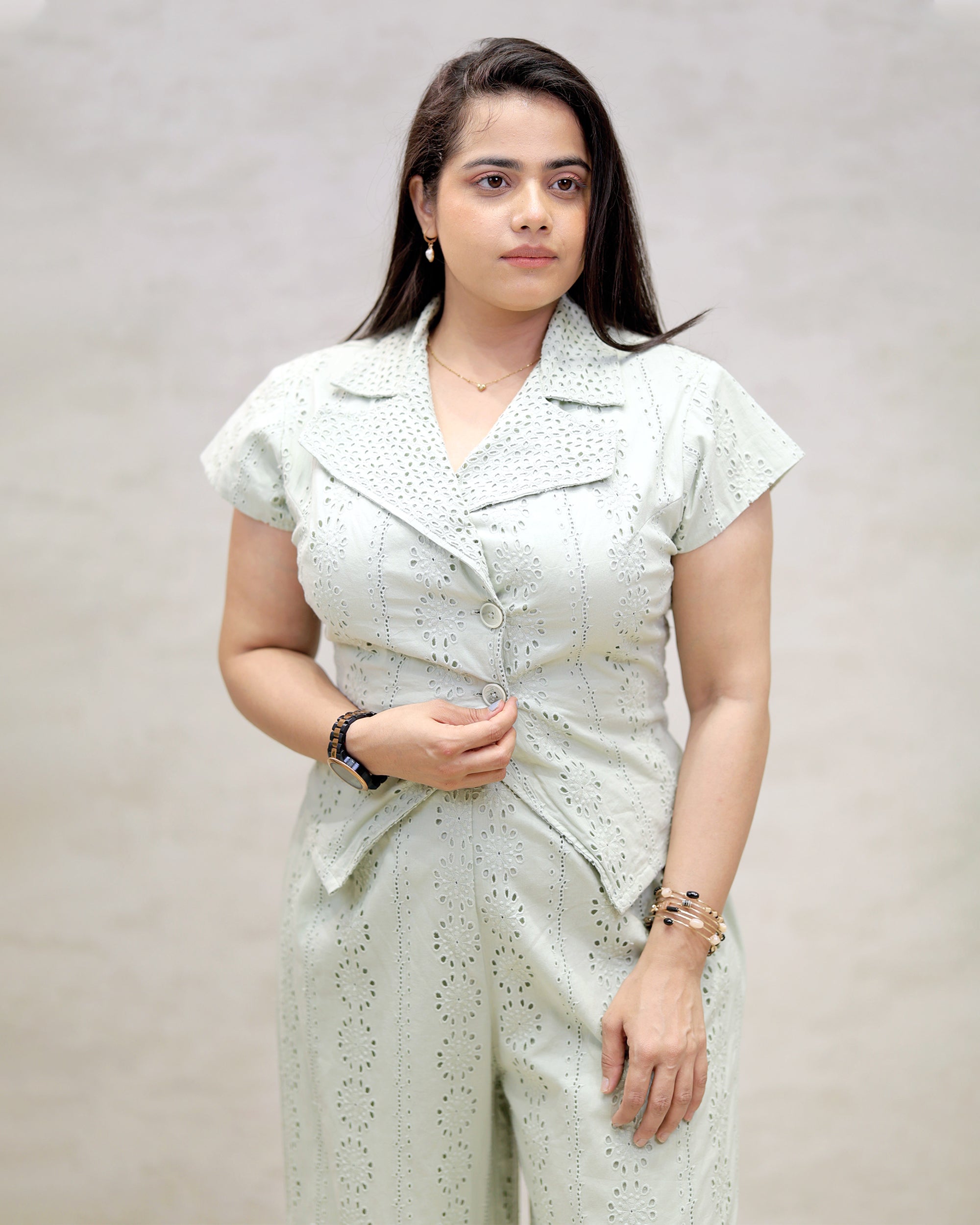 Floral Schiffli Short Shirt with Pants
