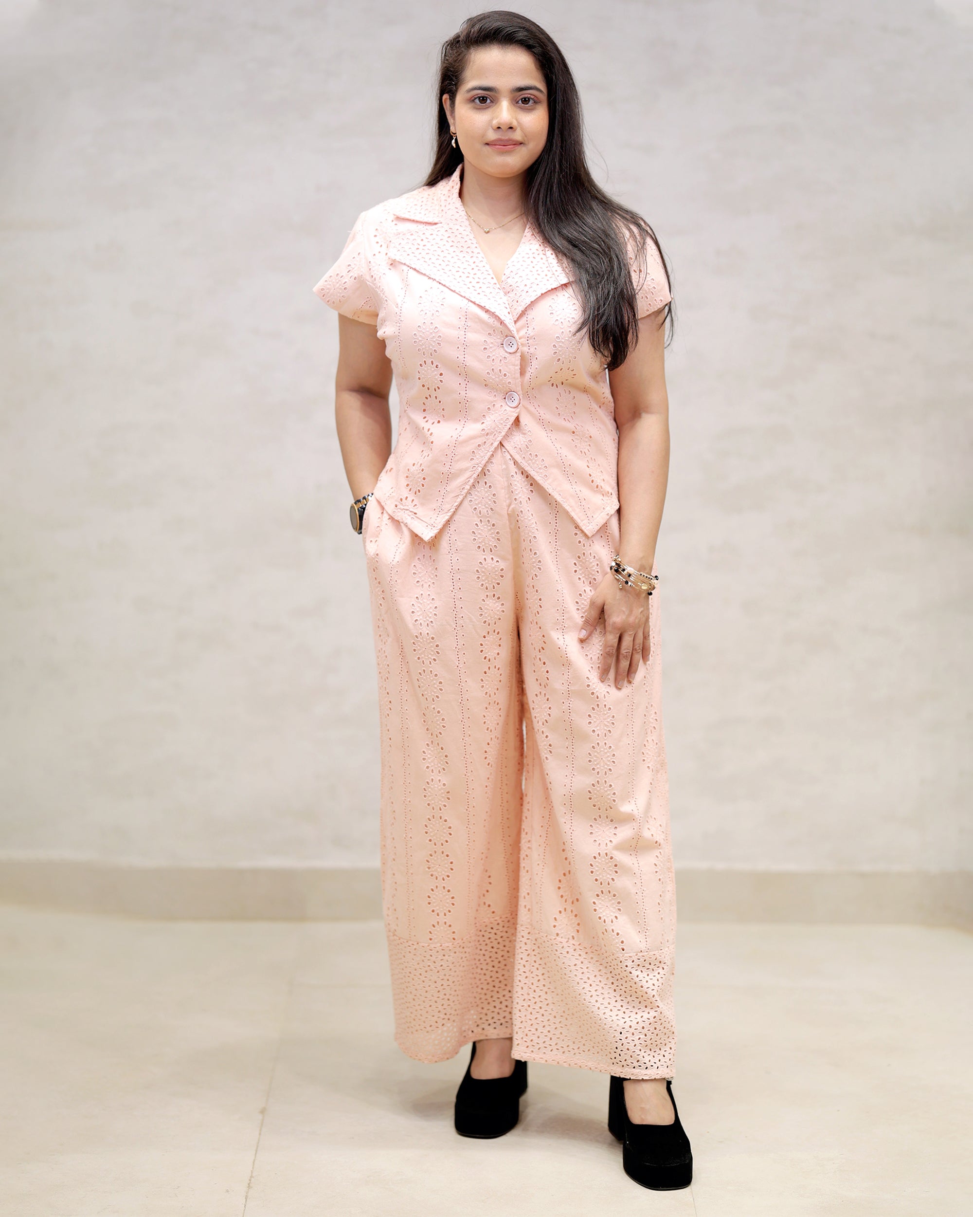 Floral Schiffli Short Shirt with Pants