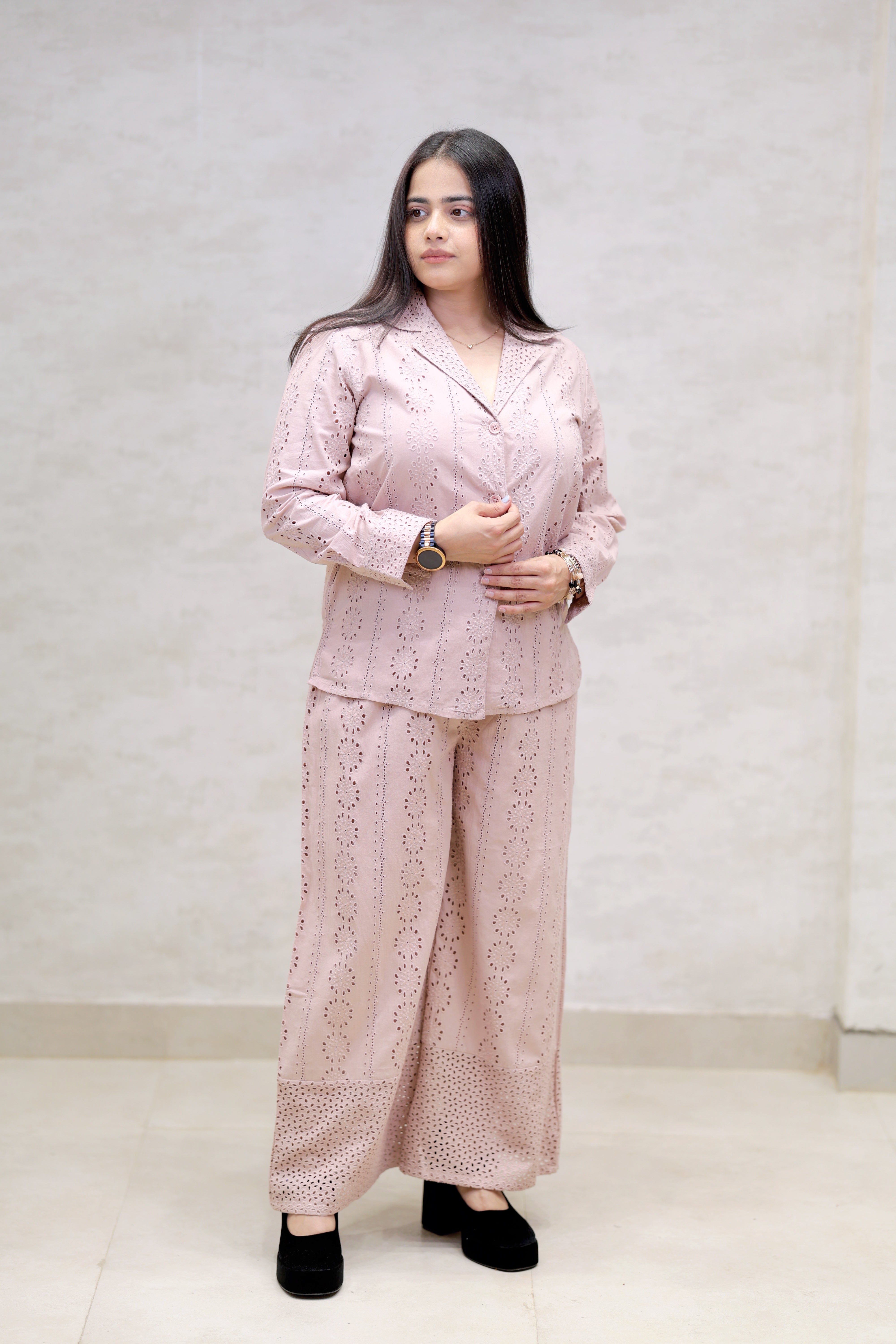Floral Schiffli Long Shirt with Cargo Pants