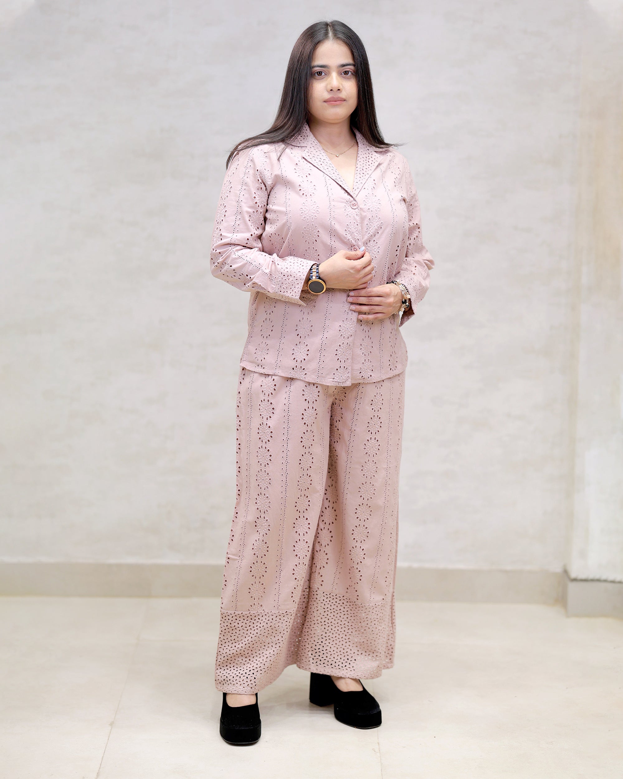 Floral Schiffli Long Shirt with Cargo Pants