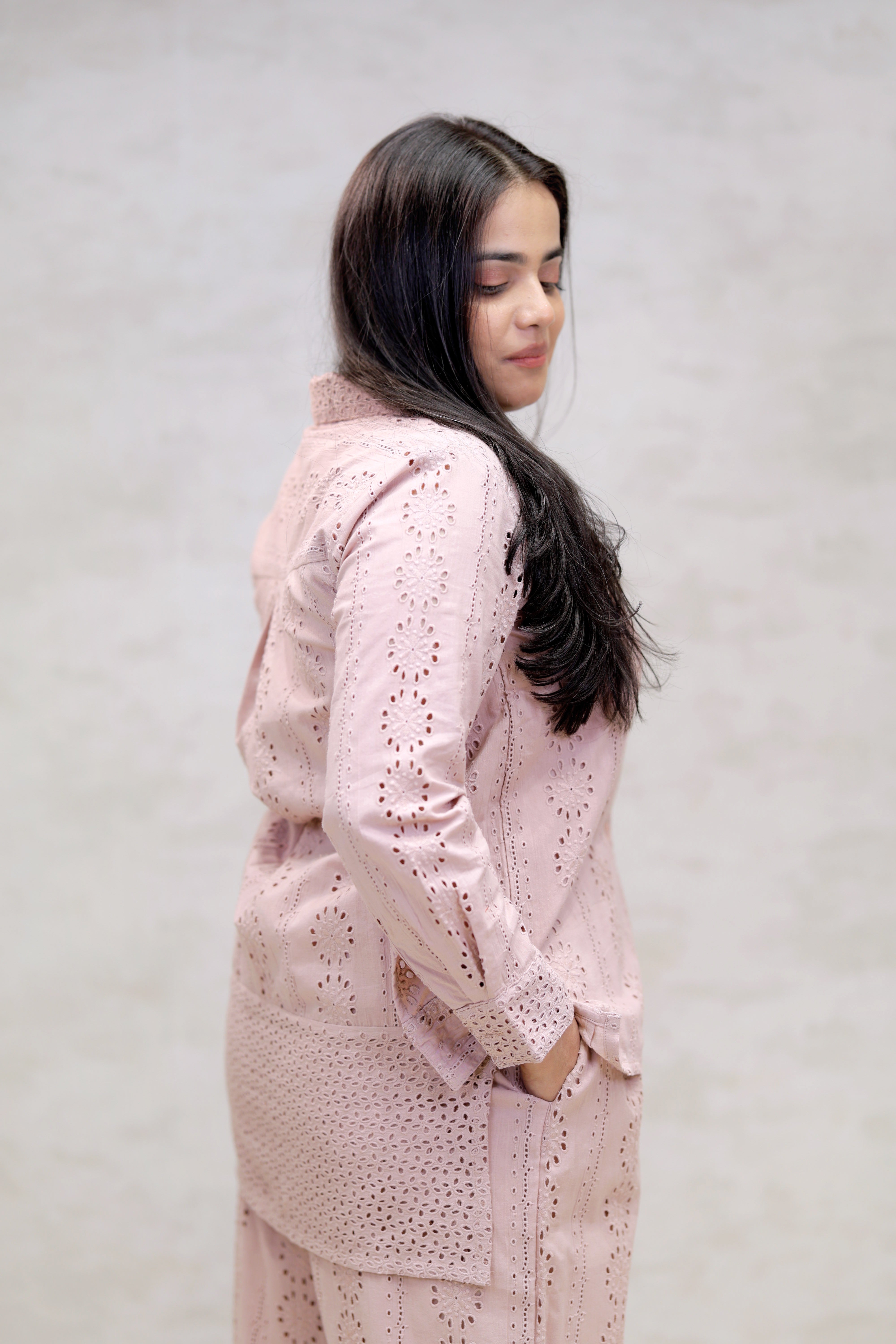 Floral Schiffli Long Shirt with Cargo Pants