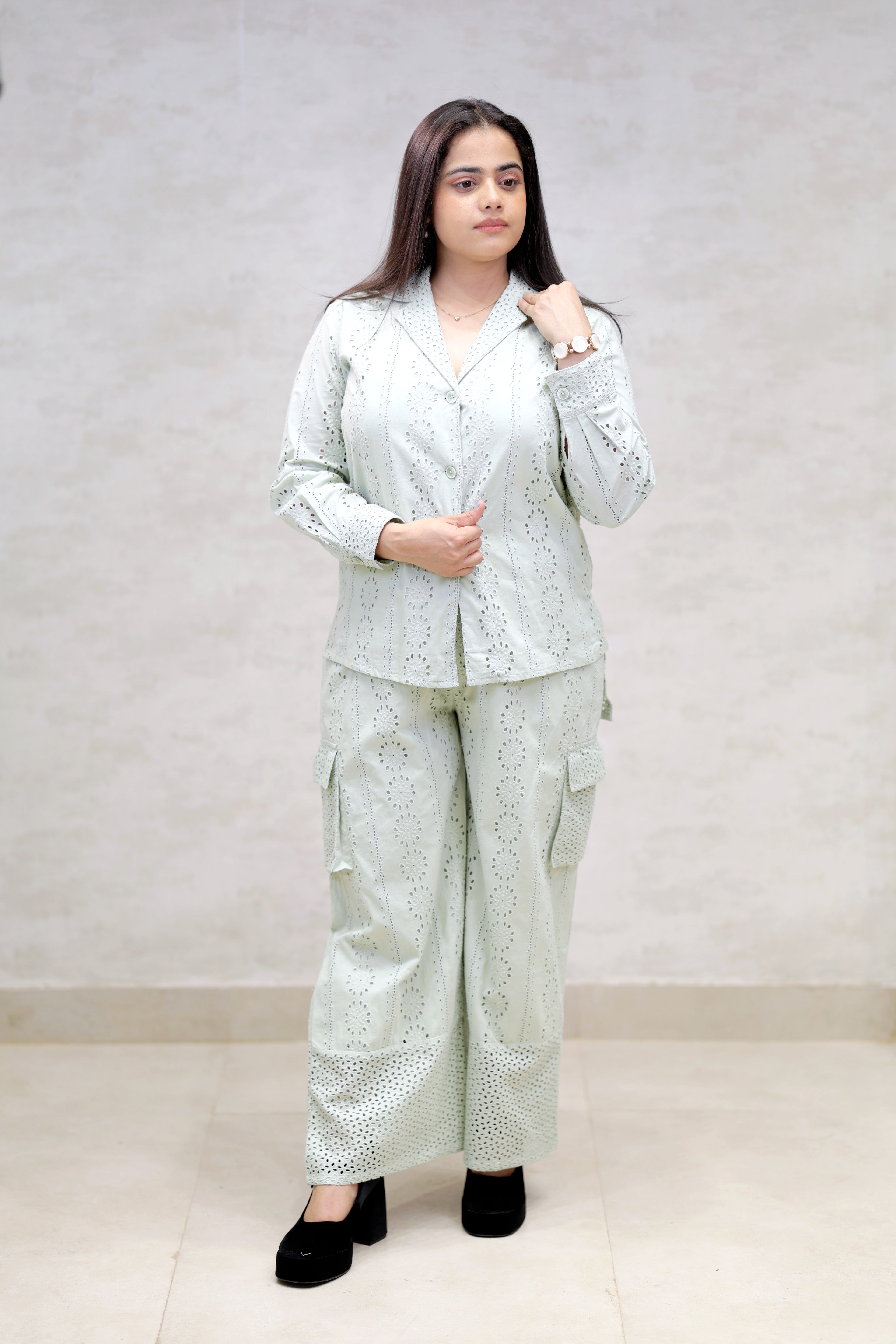 Floral Schiffli Long Shirt with Cargo Pants