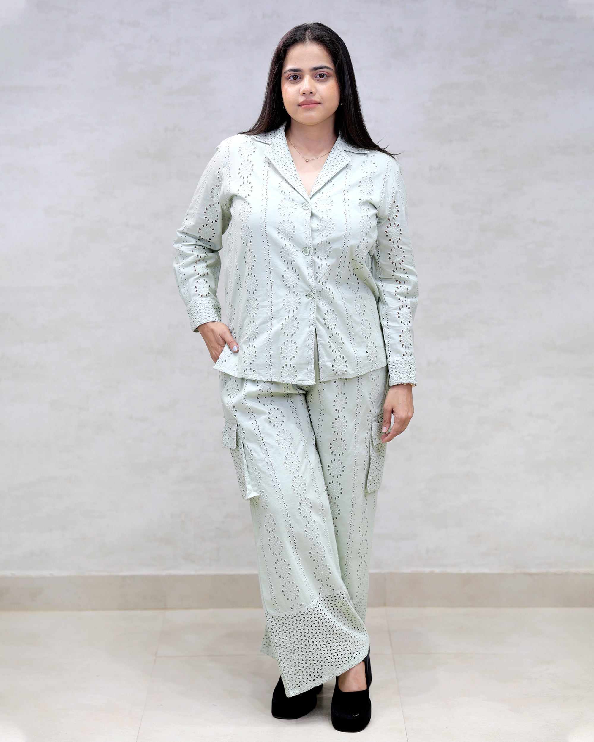 Floral Schiffli Long Shirt with Cargo Pants