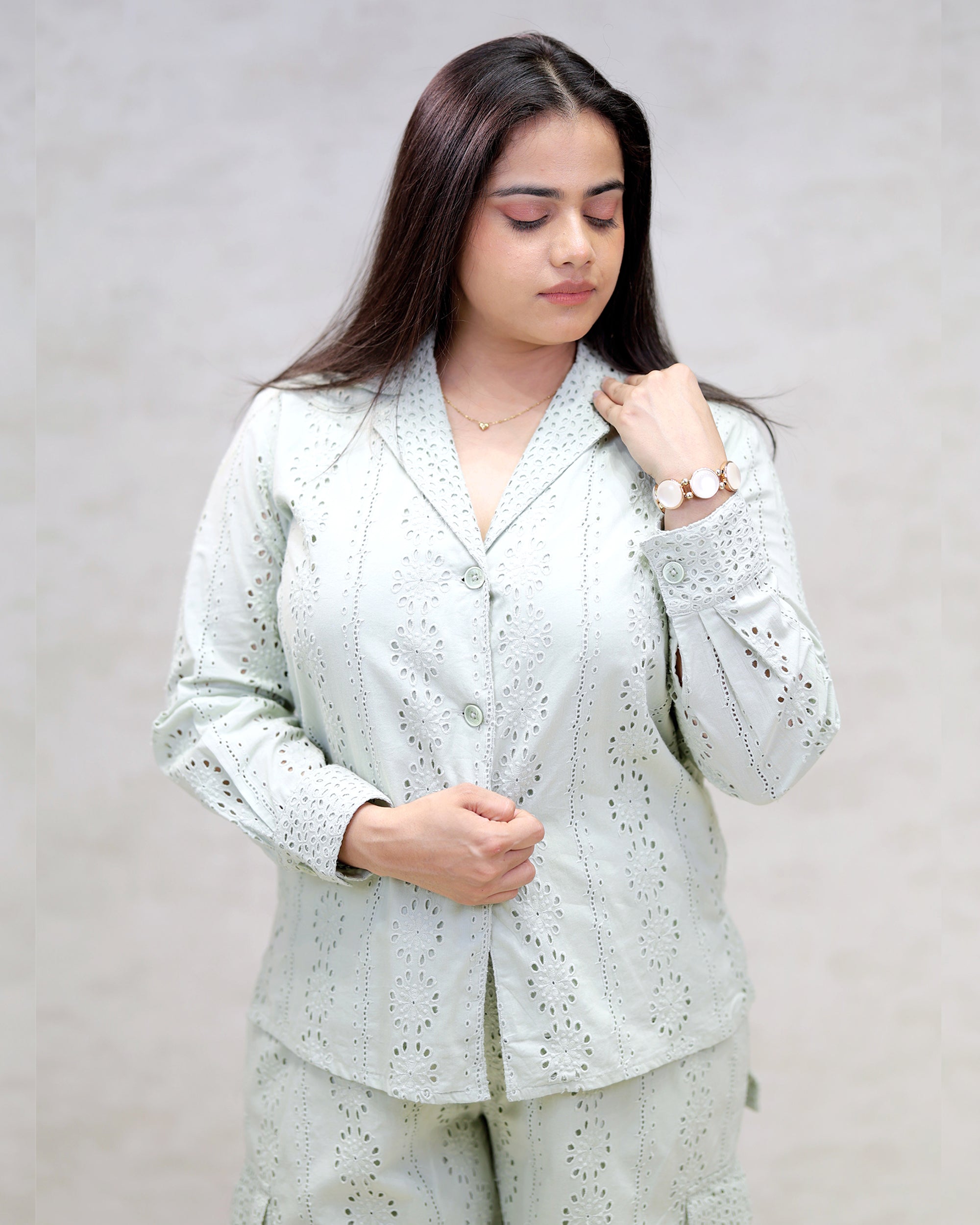 Floral Schiffli Long Shirt with Cargo Pants