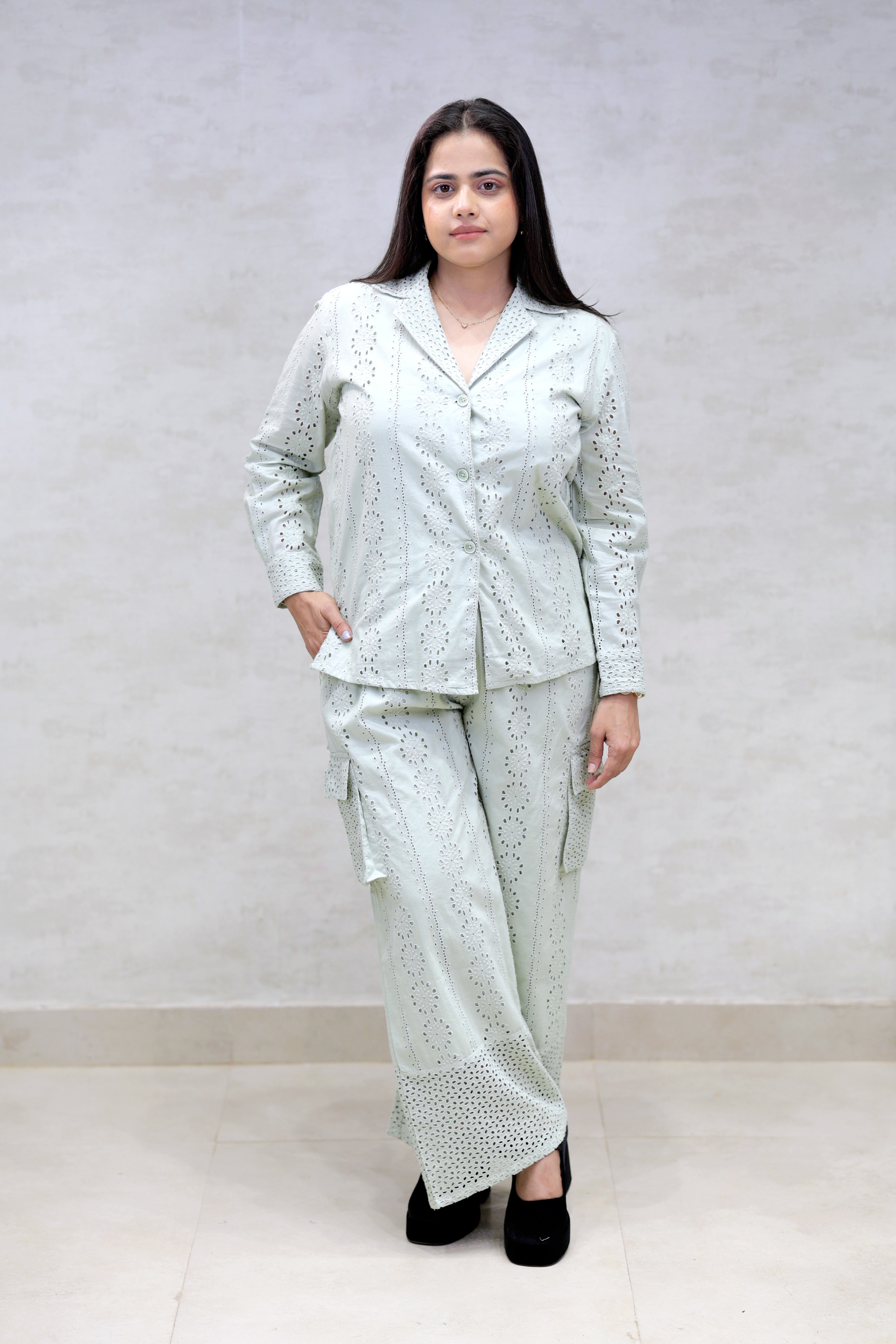 Floral Schiffli Long Shirt with Cargo Pants