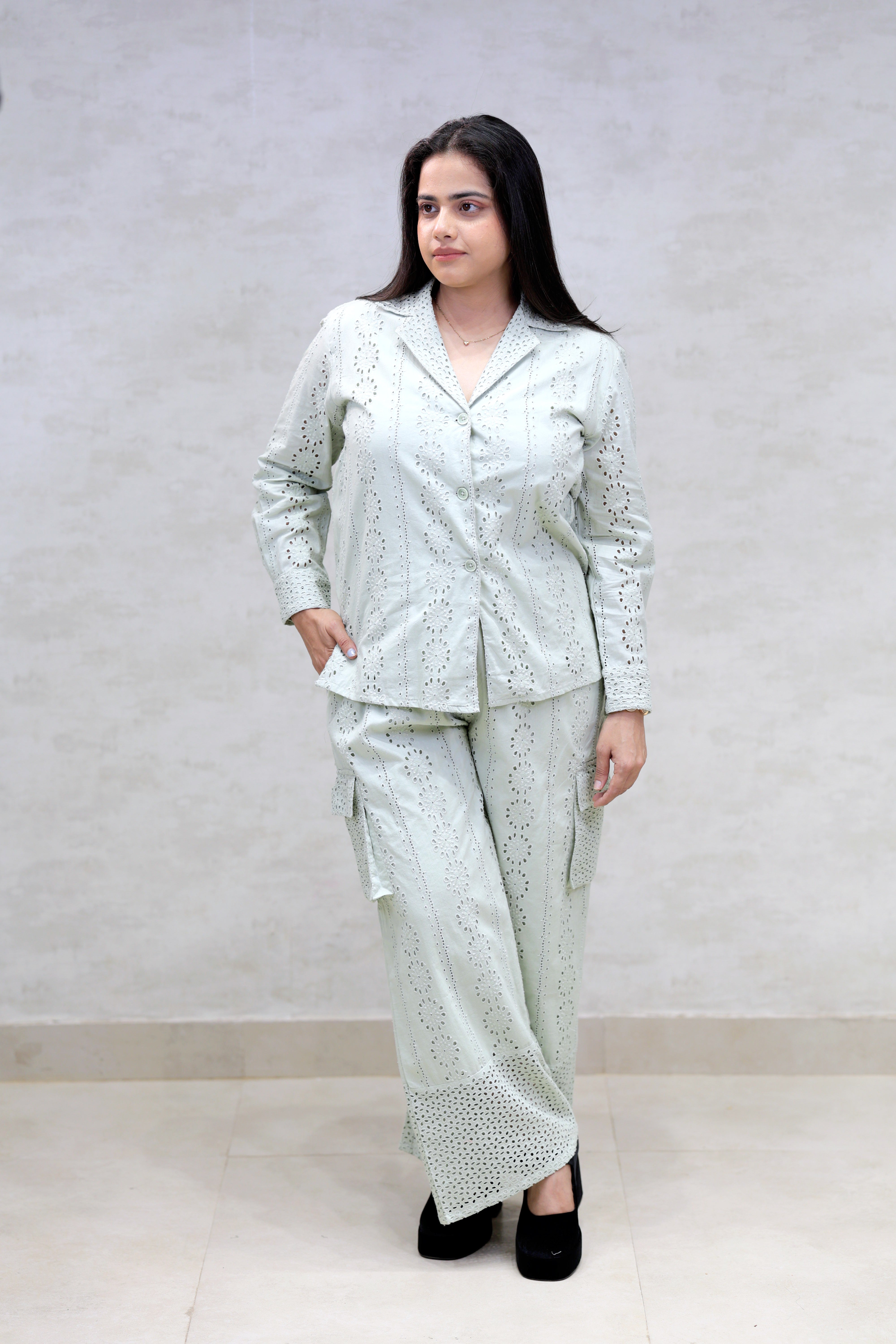 Floral Schiffli Long Shirt with Cargo Pants