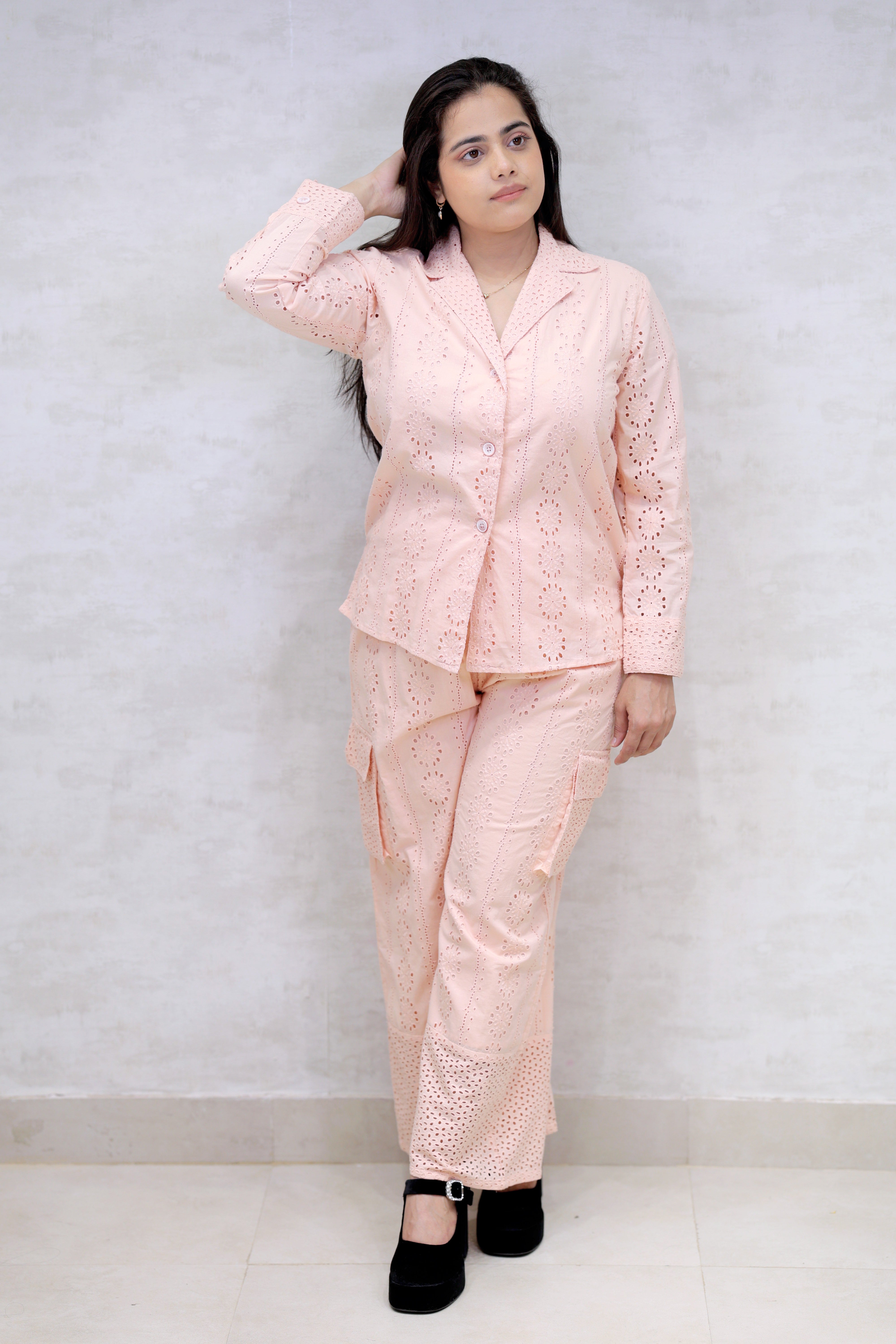 Floral Schiffli Long Shirt with Cargo Pants Main image