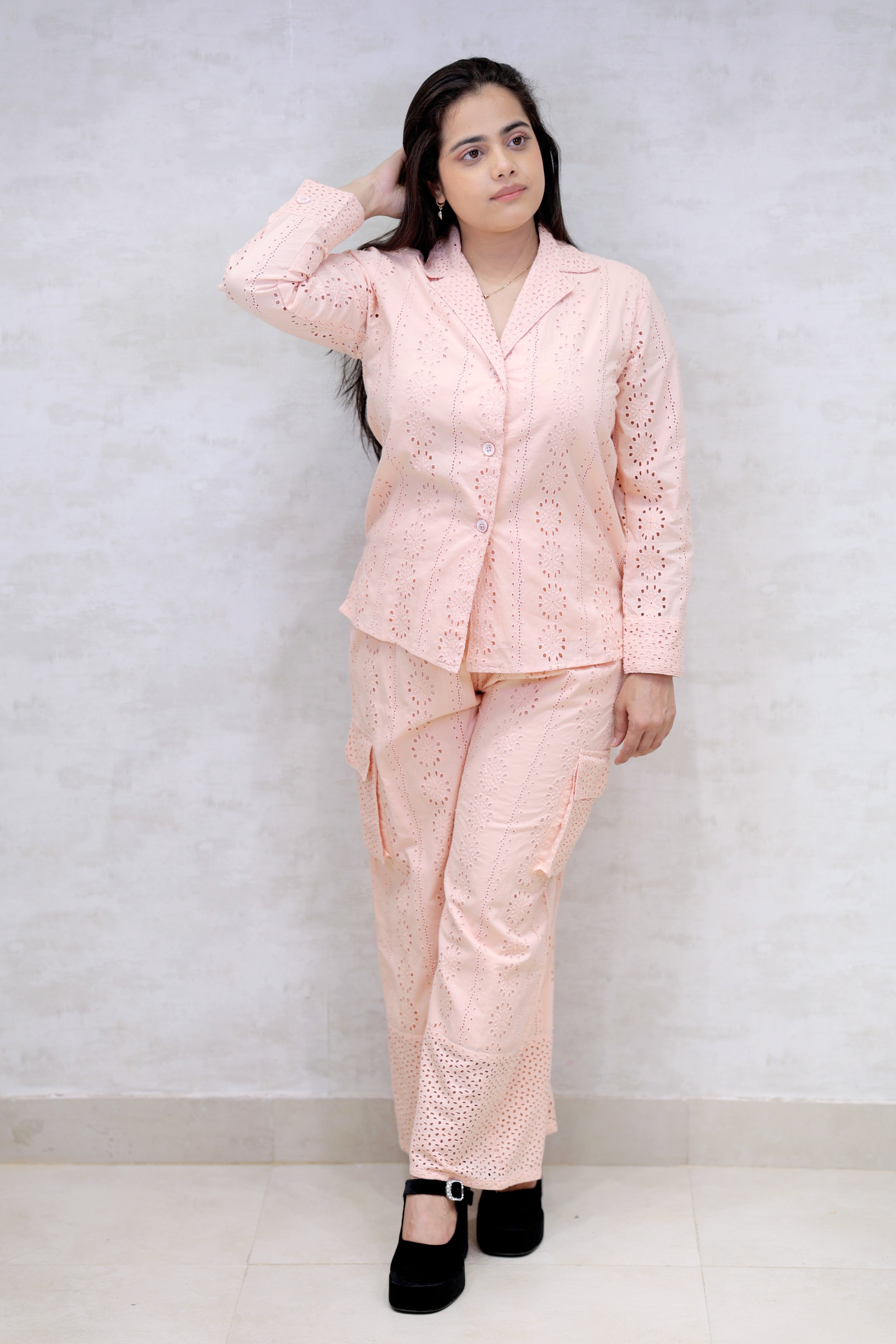 Floral Schiffli Long Shirt with Cargo Pants