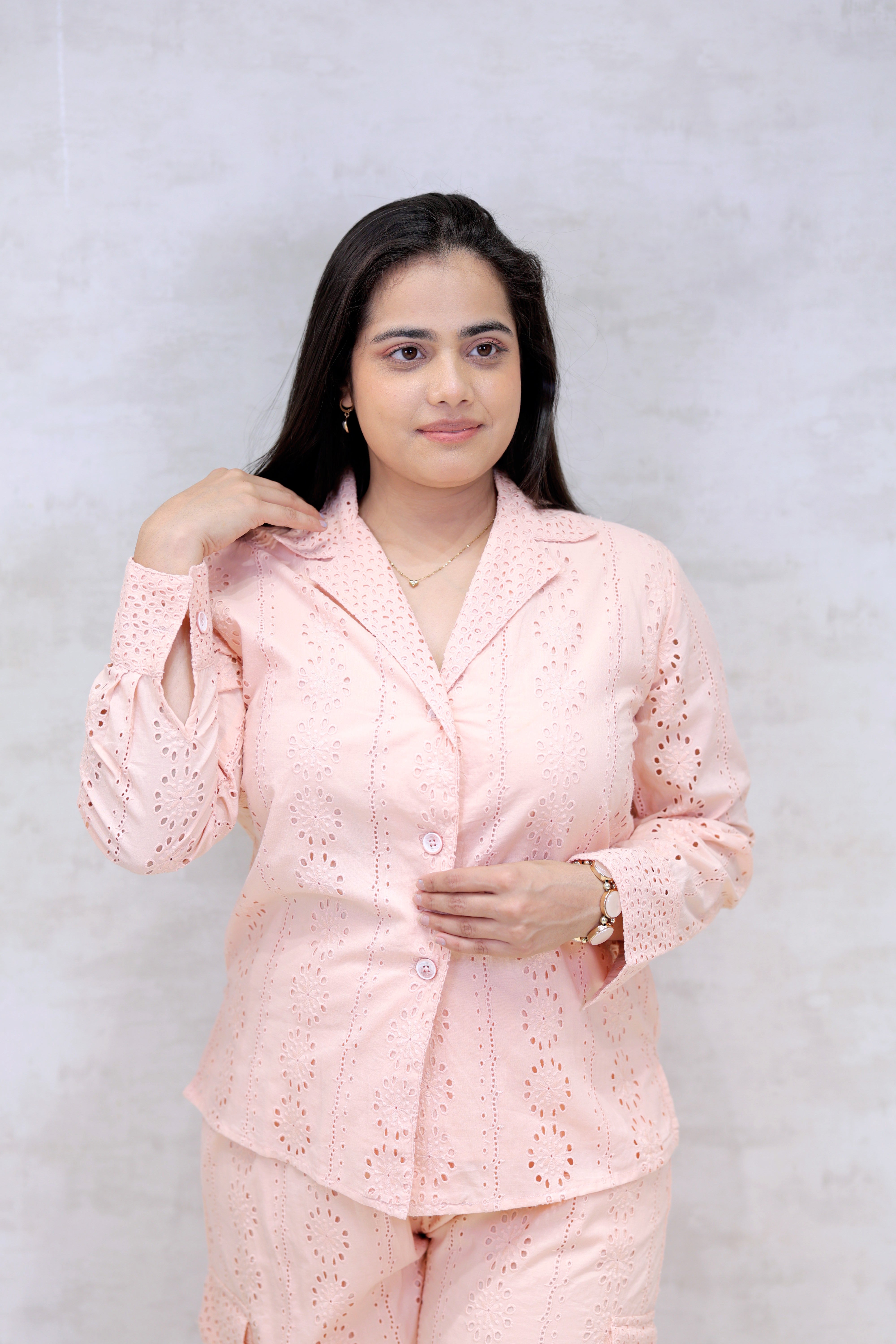Floral Schiffli Long Shirt with Cargo Pants