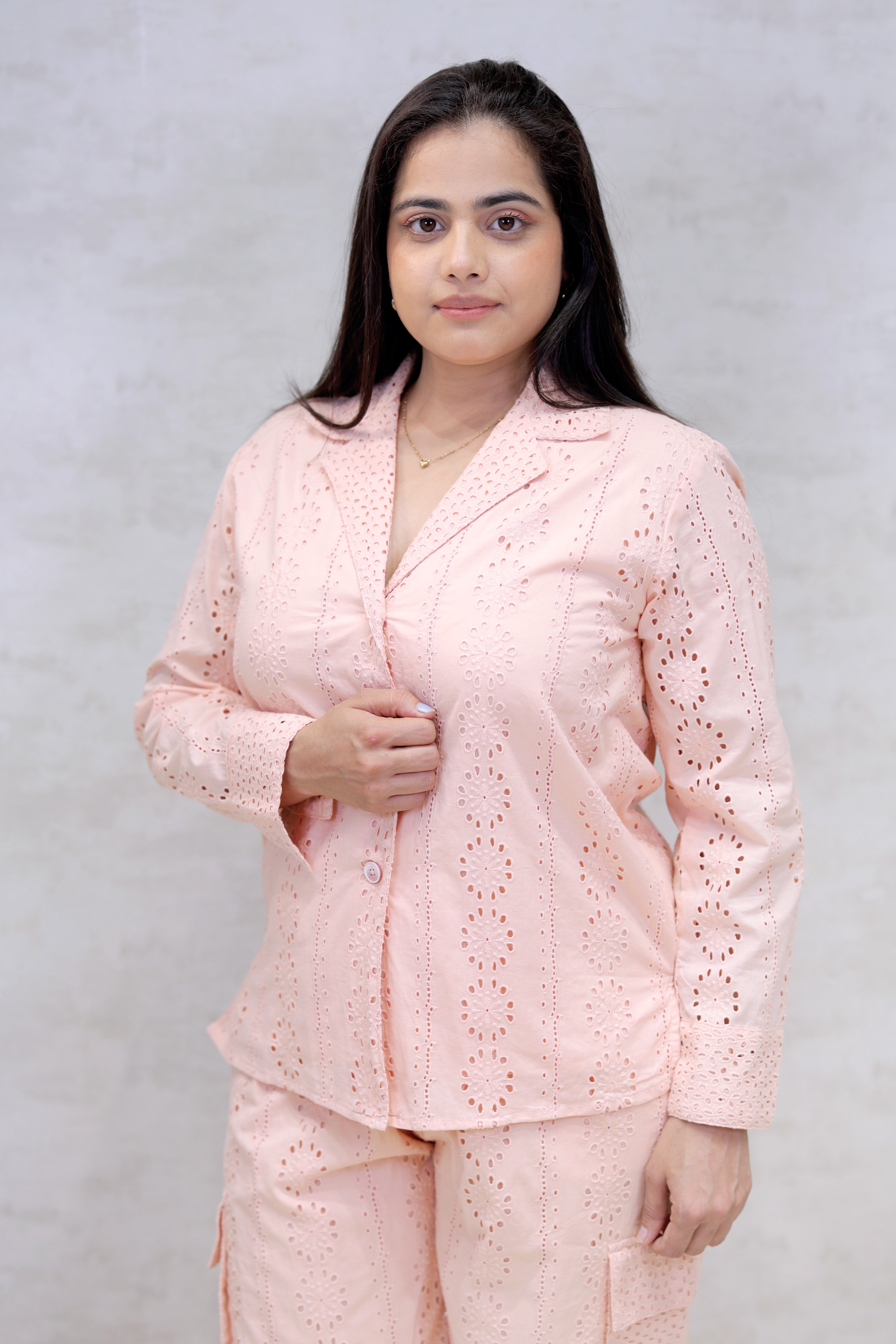 Floral Schiffli Long Shirt with Cargo Pants