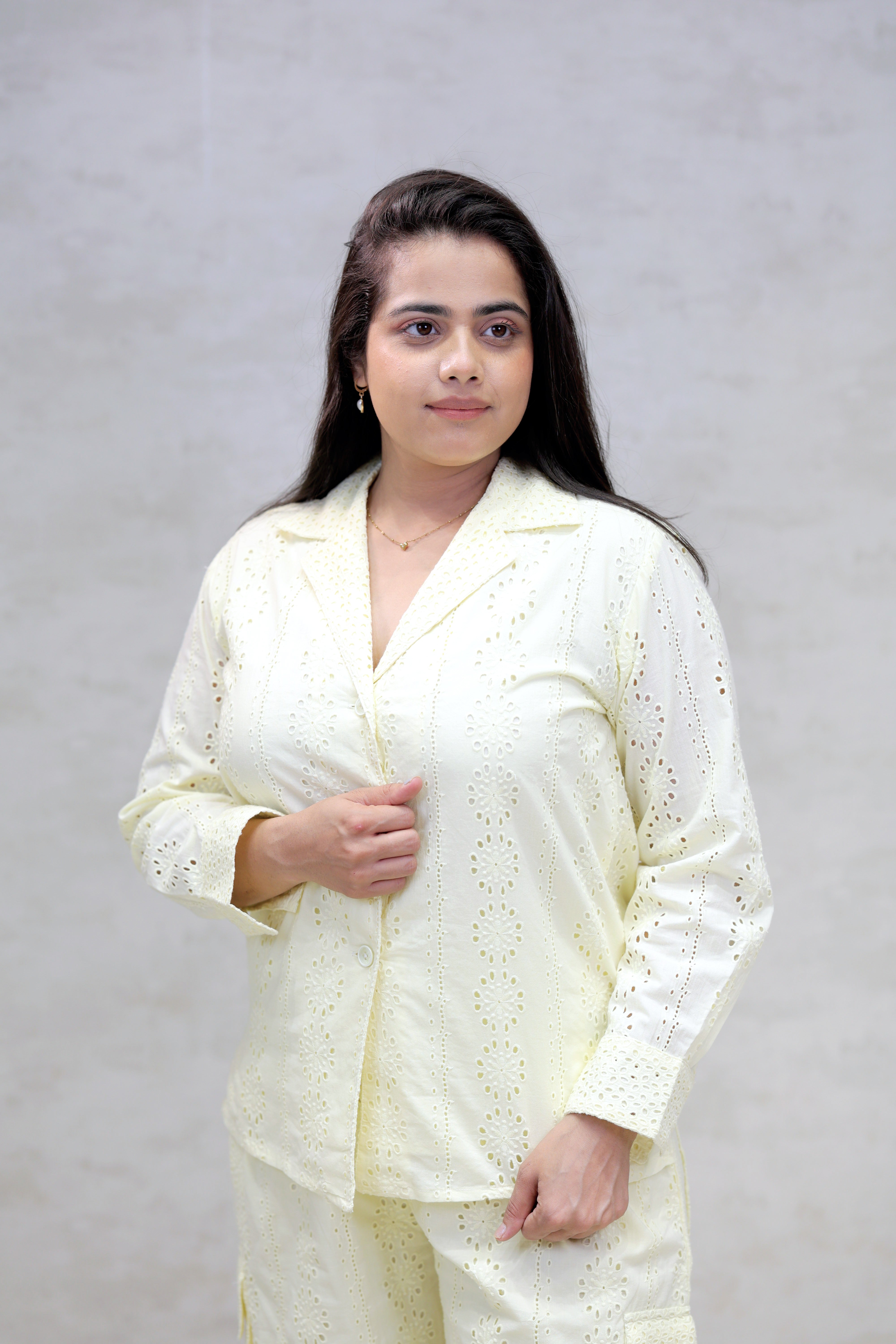 Floral Schiffli Long Shirt with Cargo Pants