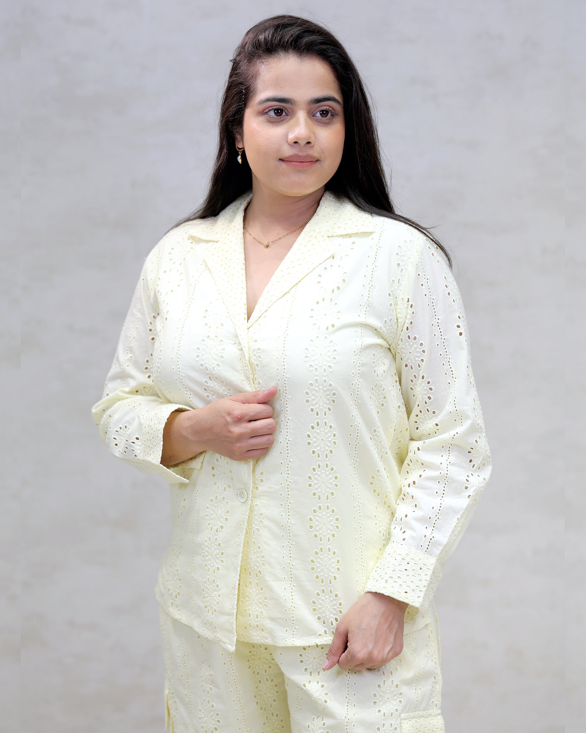 Floral Schiffli Long Shirt with Cargo Pants