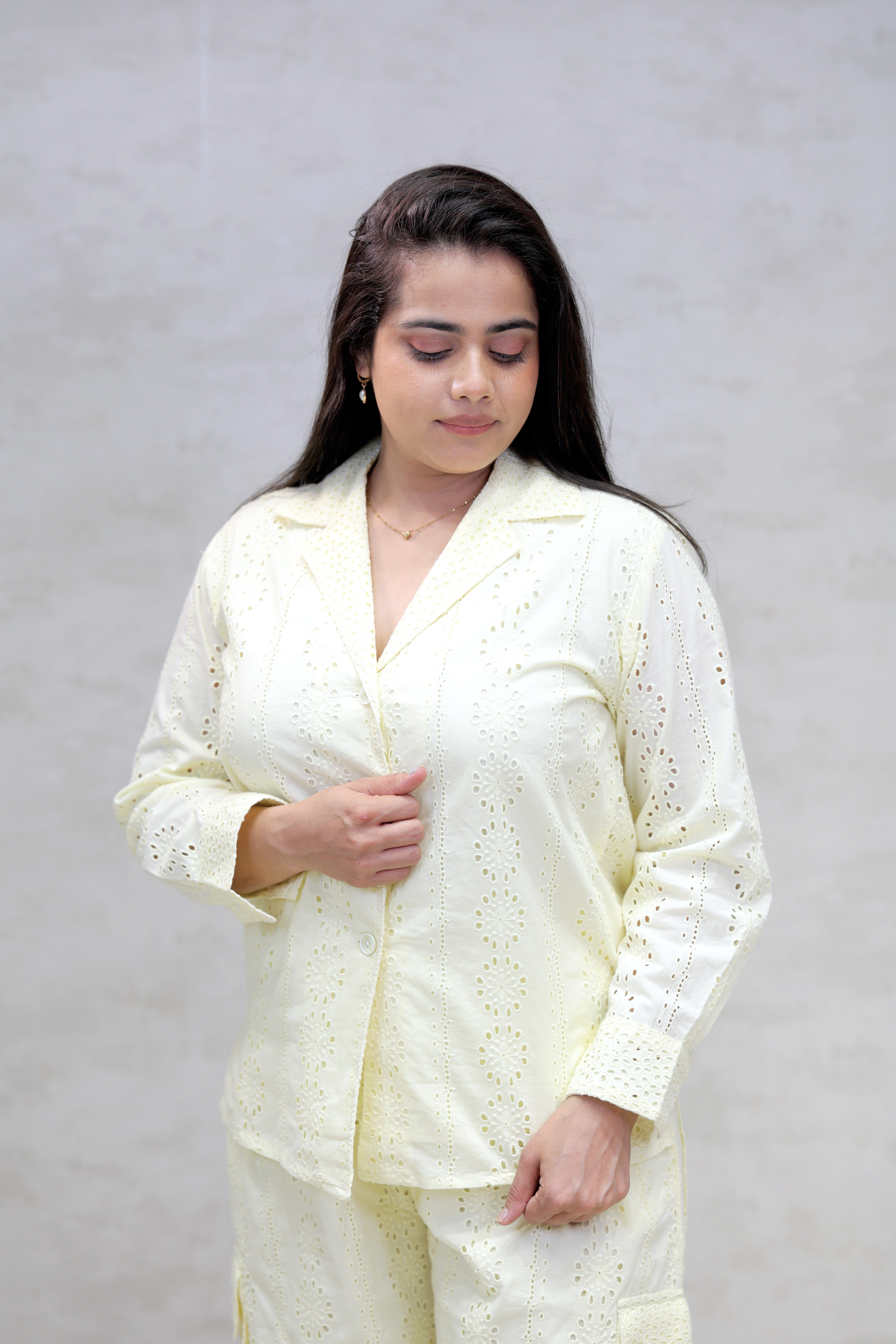 Floral Schiffli Long Shirt with Cargo Pants
