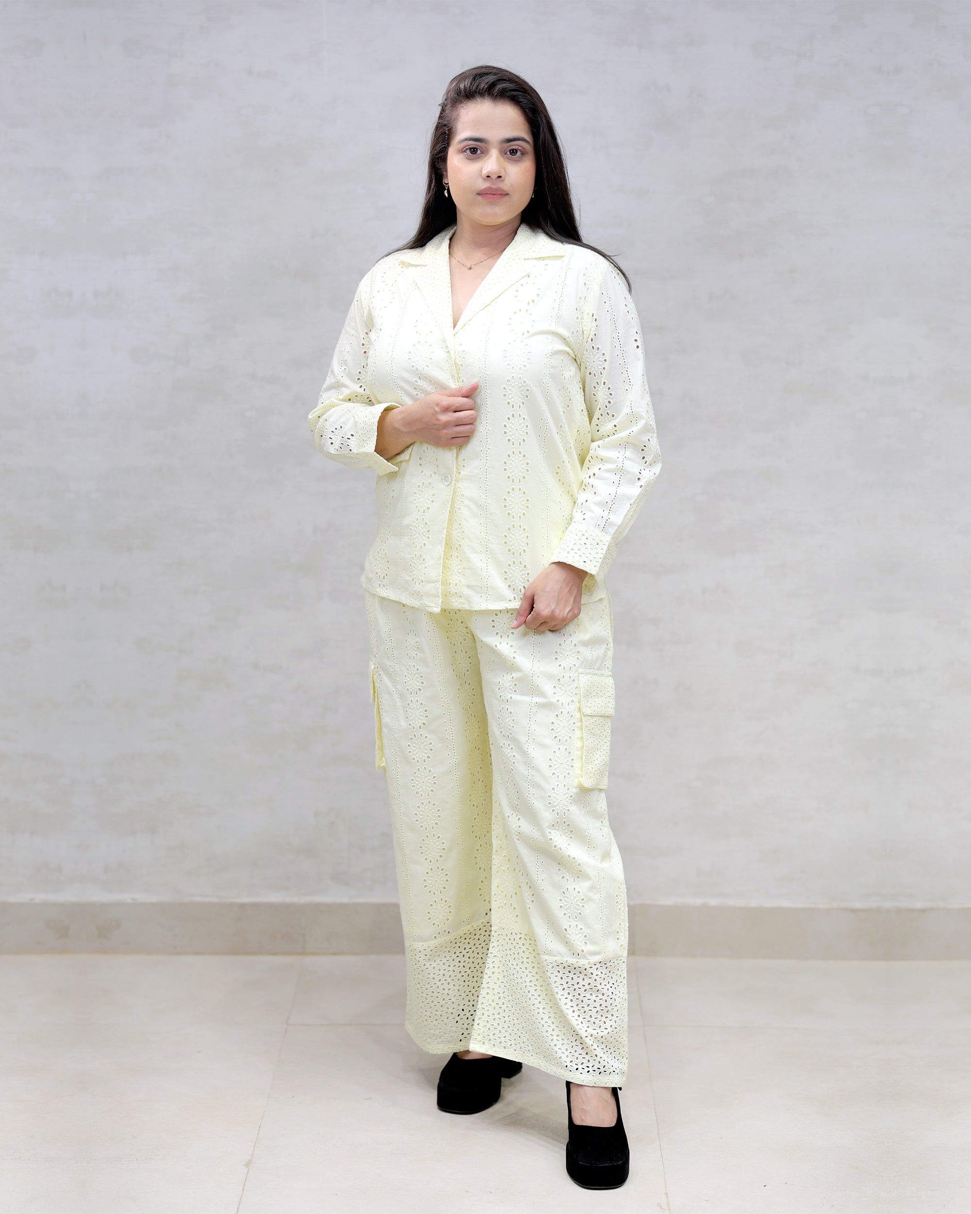Floral Schiffli Long Shirt with Cargo Pants