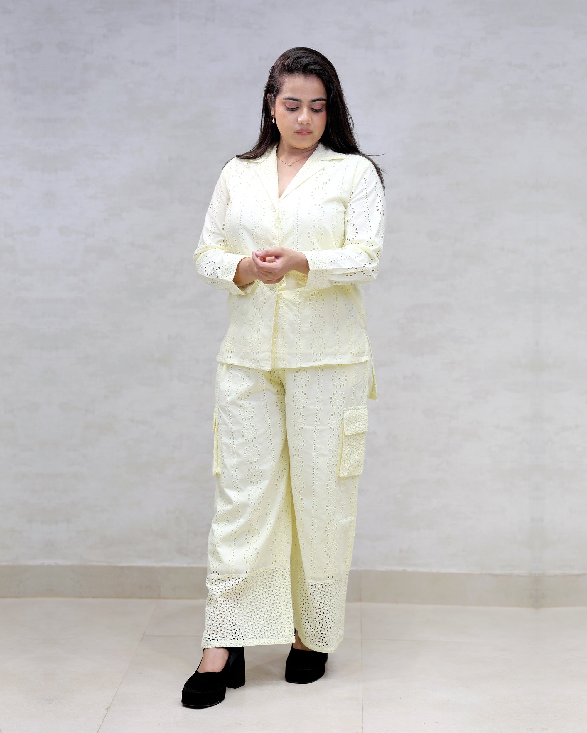 Floral Schiffli Long Shirt with Cargo Pants