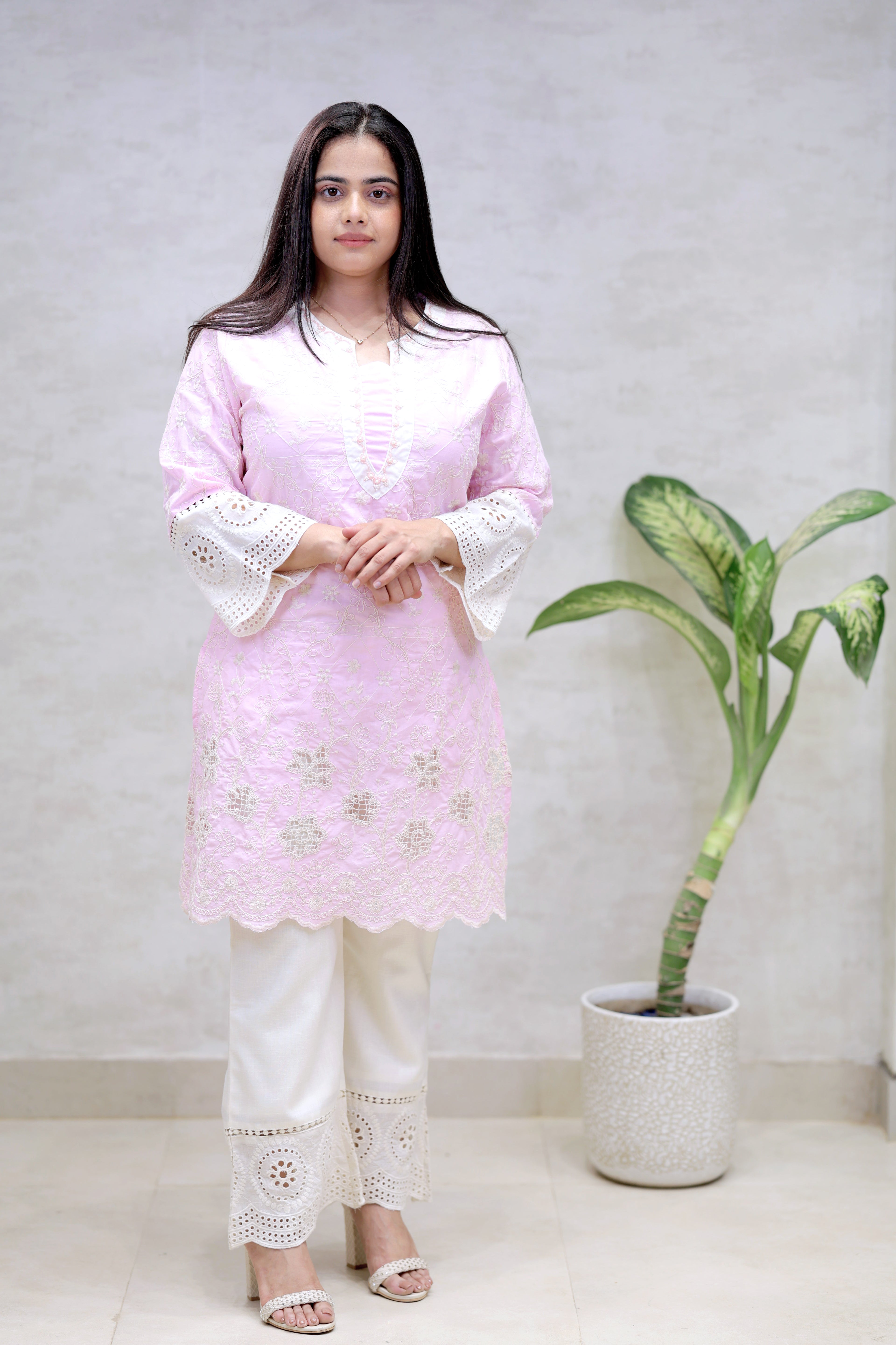 Crochet Embroidered Straight Kurta with Pants