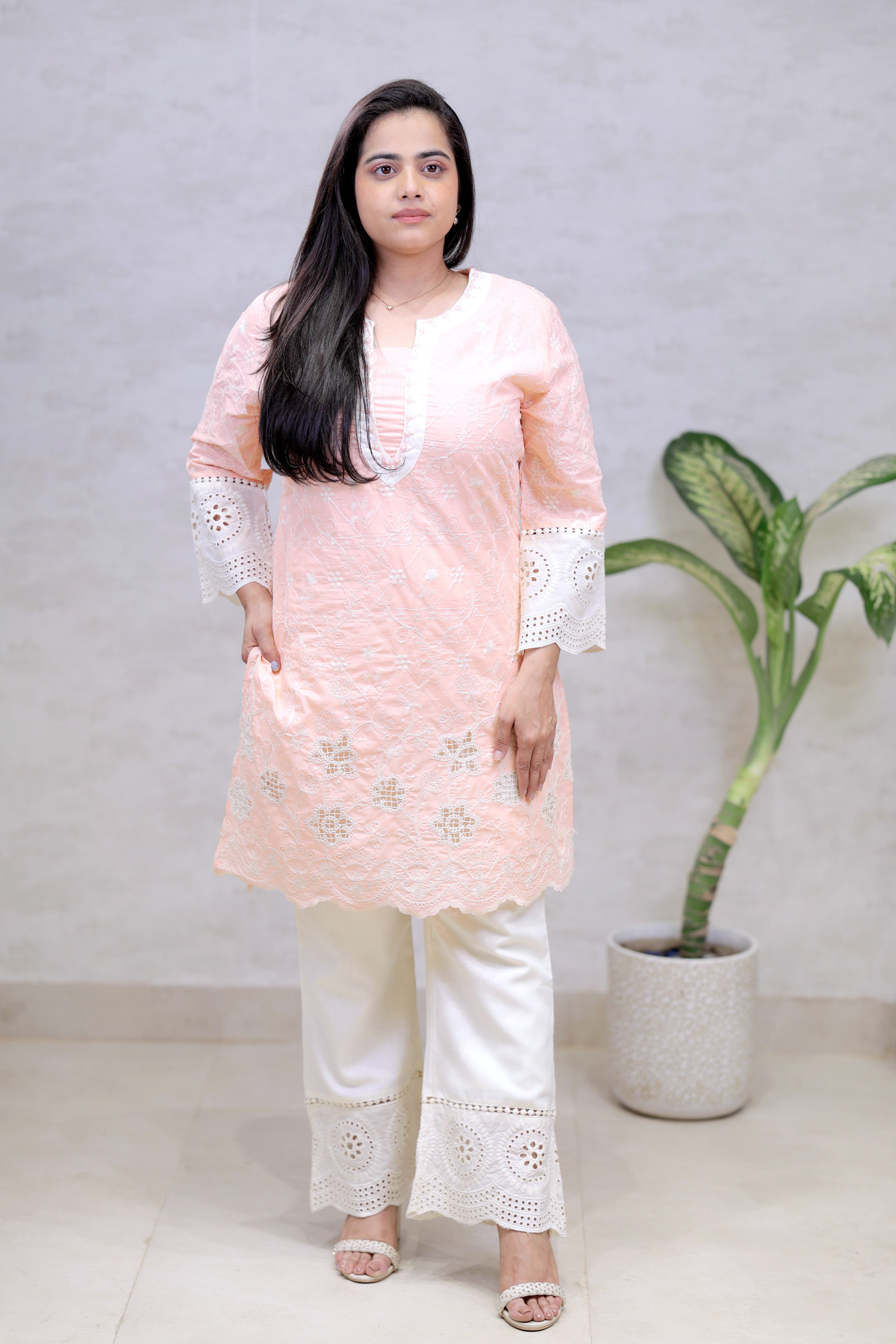 Crochet Embroidered Straight Kurta with Pants