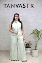 Thread Embroidered Schiffli Vest Top with Flared Pants