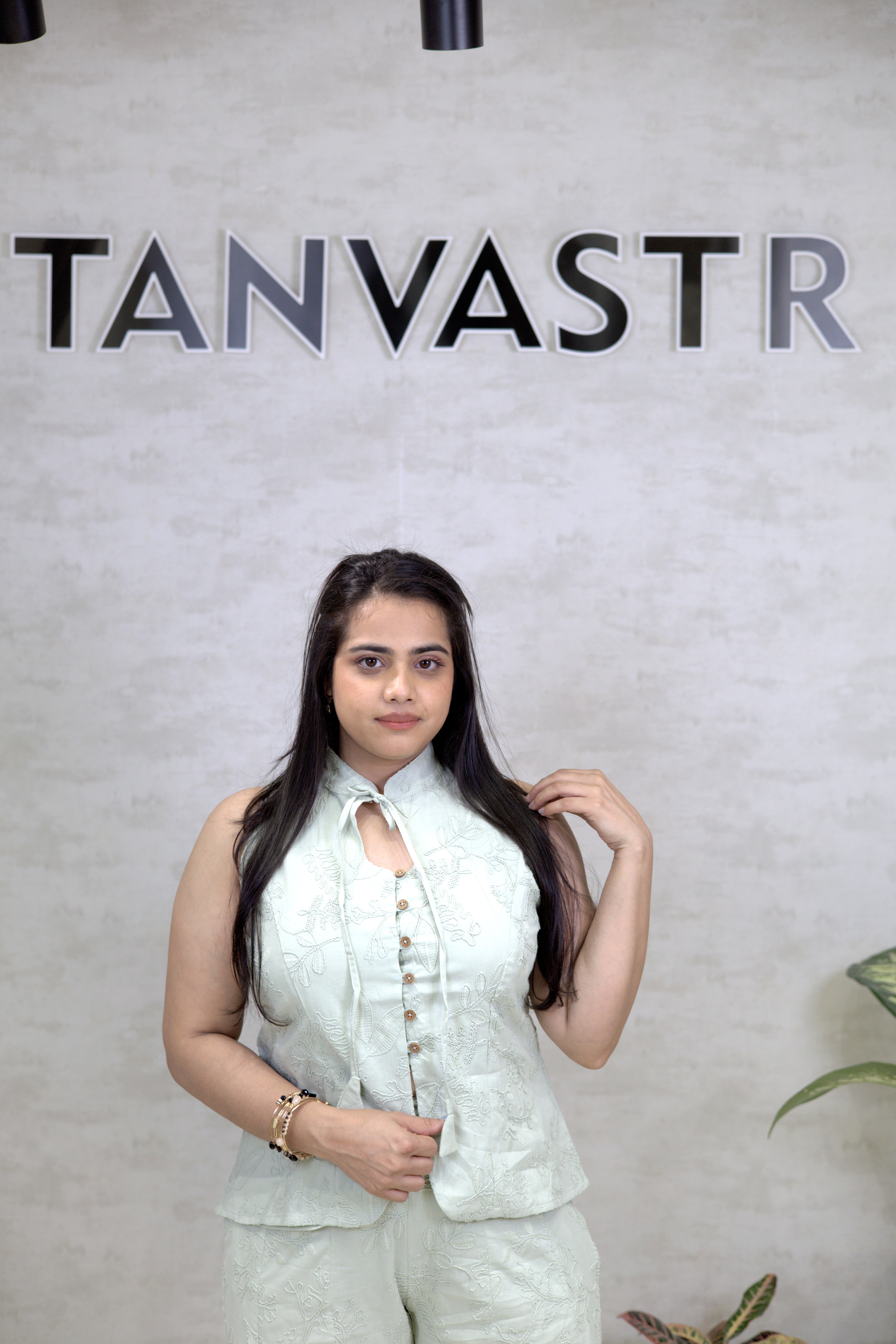 Thread Embroidered Schiffli Vest Top with Flared Pants