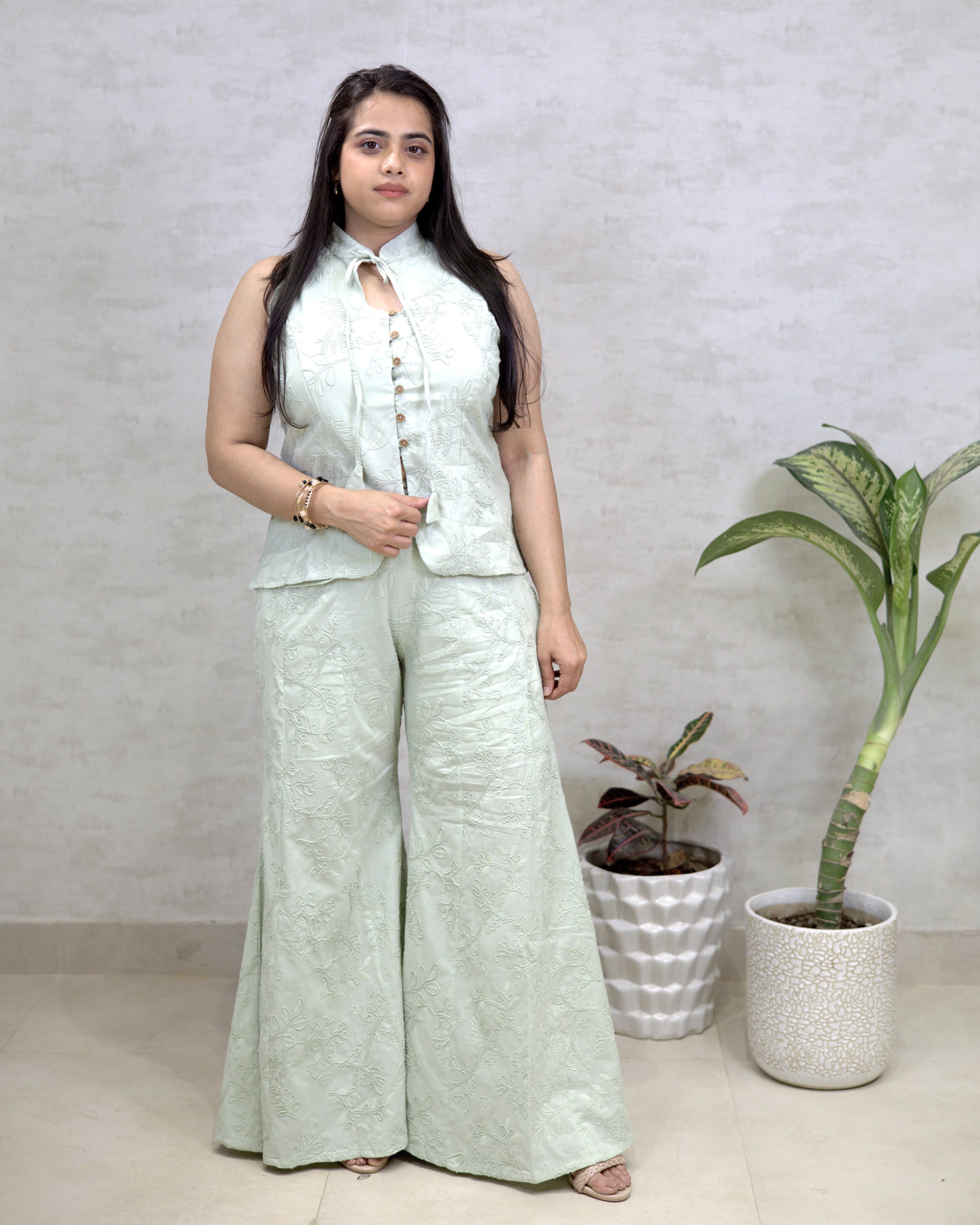 Thread Embroidered Schiffli Vest Top with Flared Pants