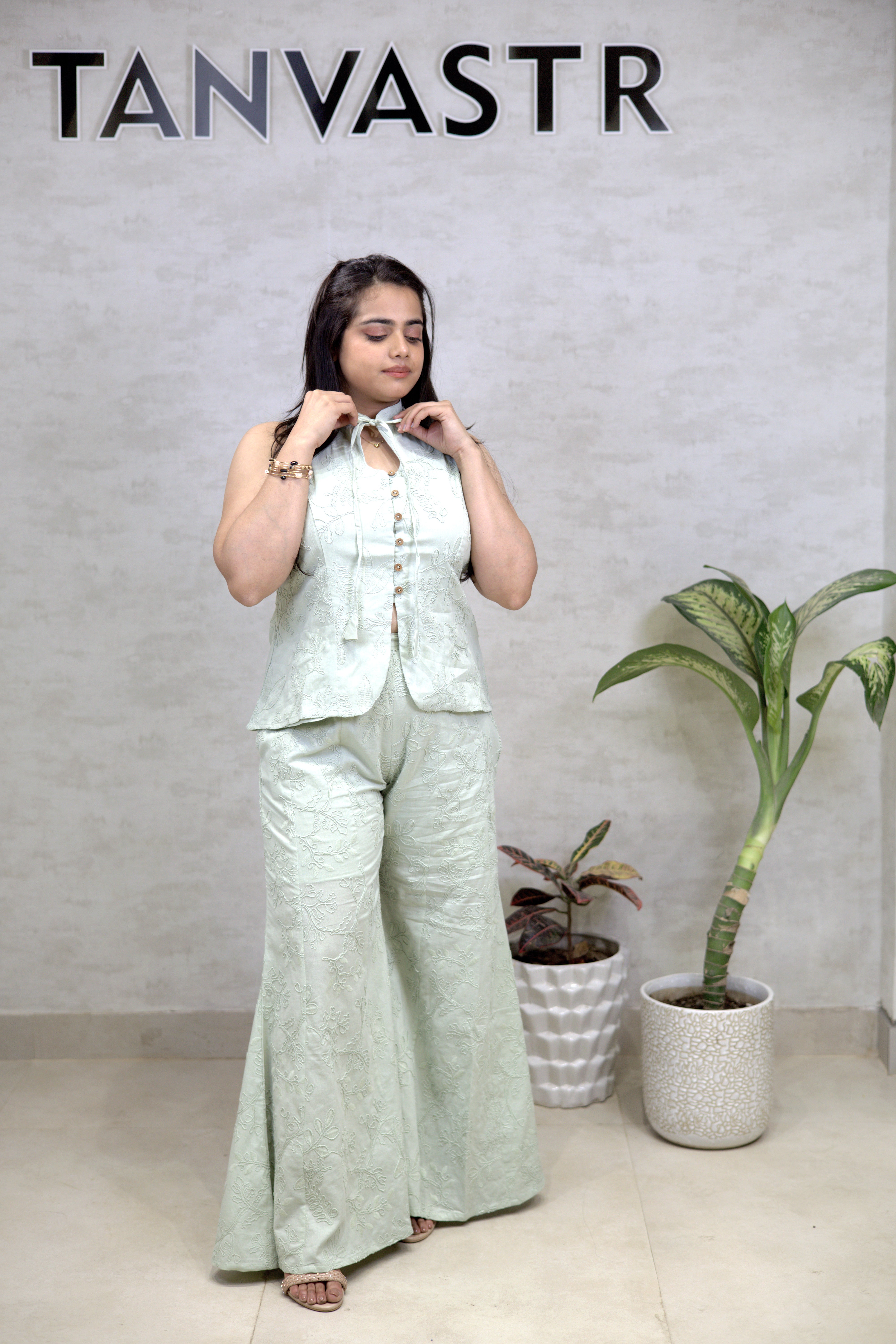 Thread Embroidered Schiffli Vest Top with Flared Pants