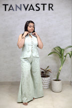Thread Embroidered Schiffli Vest Top with Flared Pants