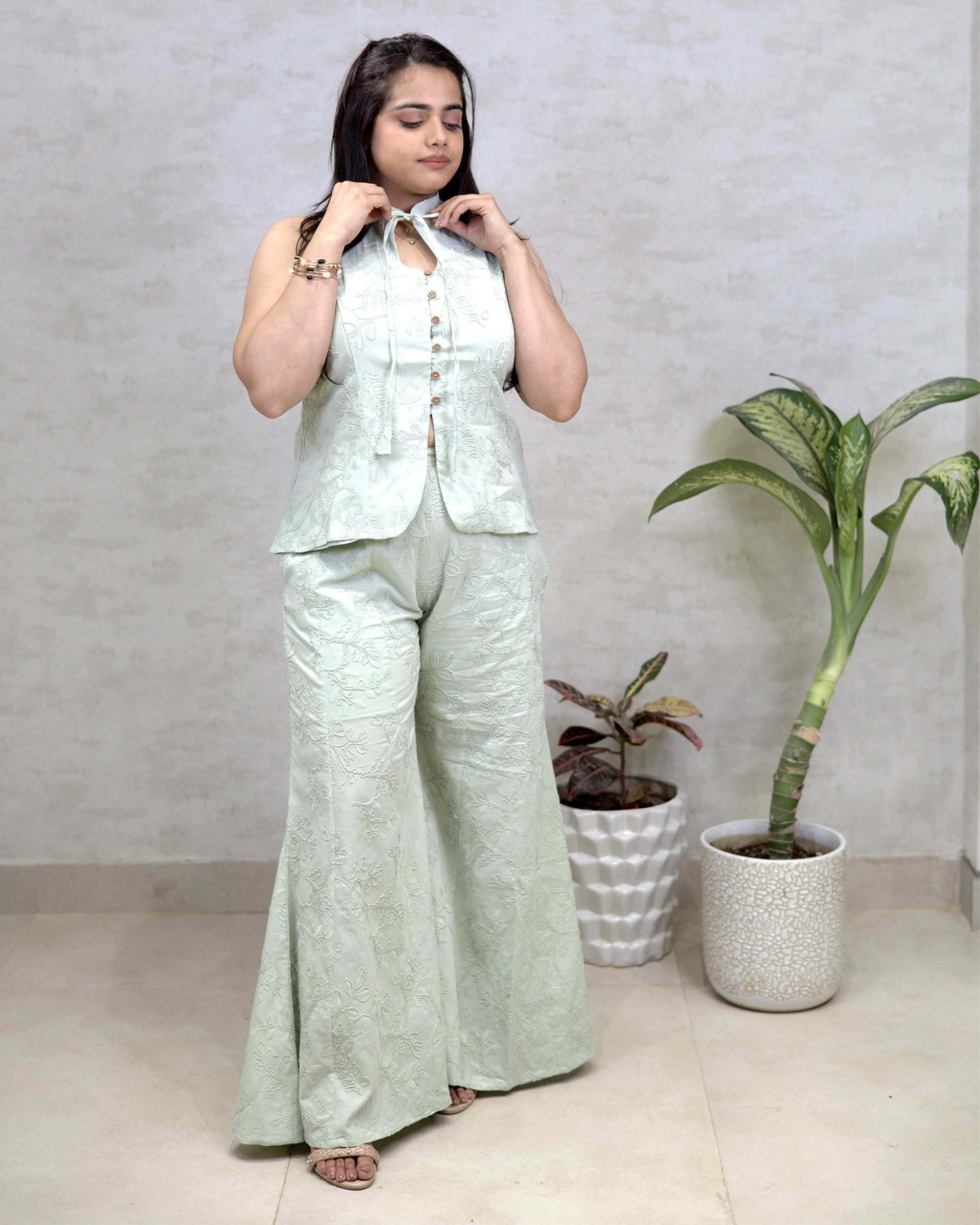 Thread Embroidered Schiffli Vest Top with Flared Pants