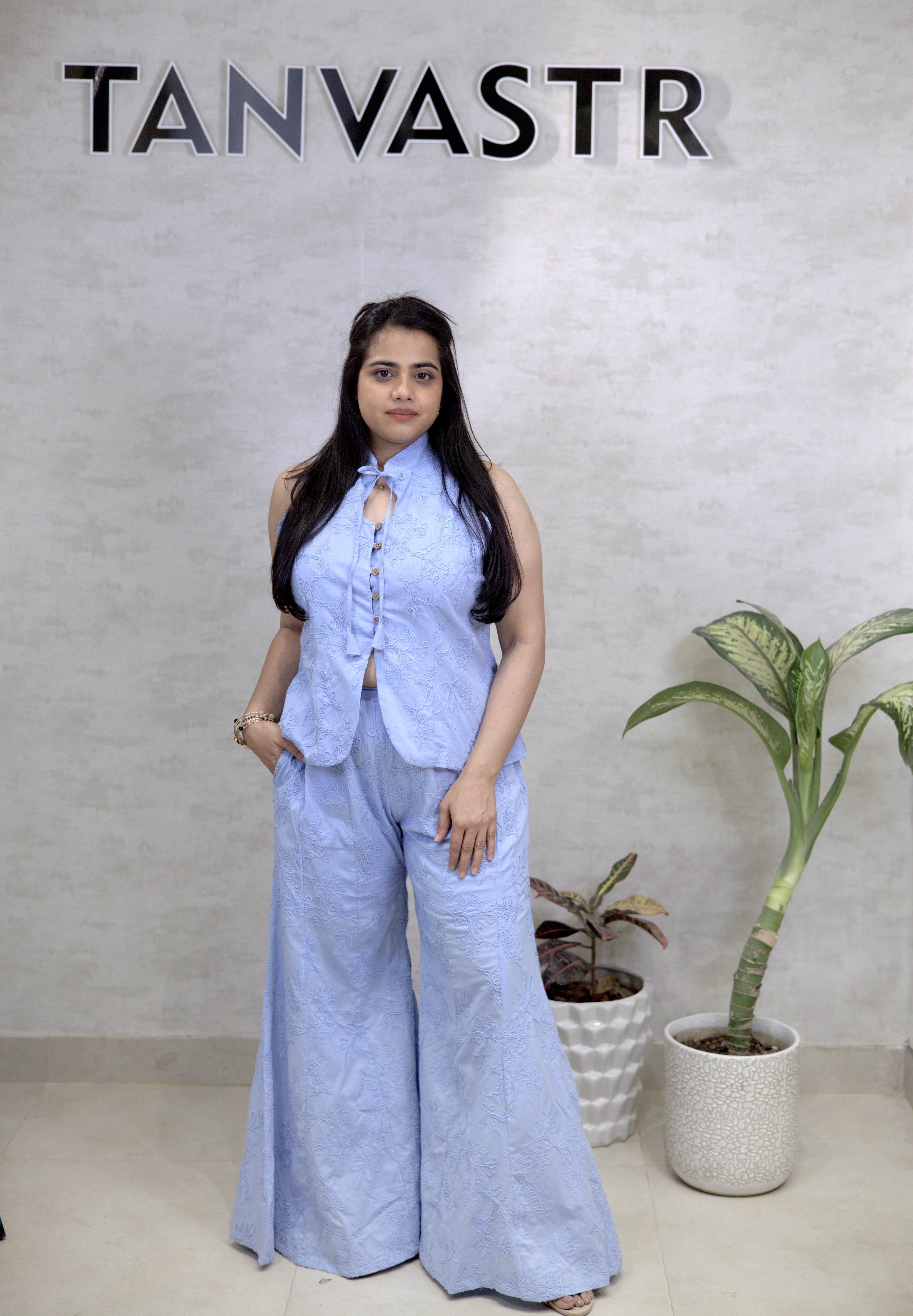 Thread Embroidered Schiffli Vest Top with Flared Pants