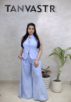 Thread Embroidered Schiffli Vest Top with Flared Pants