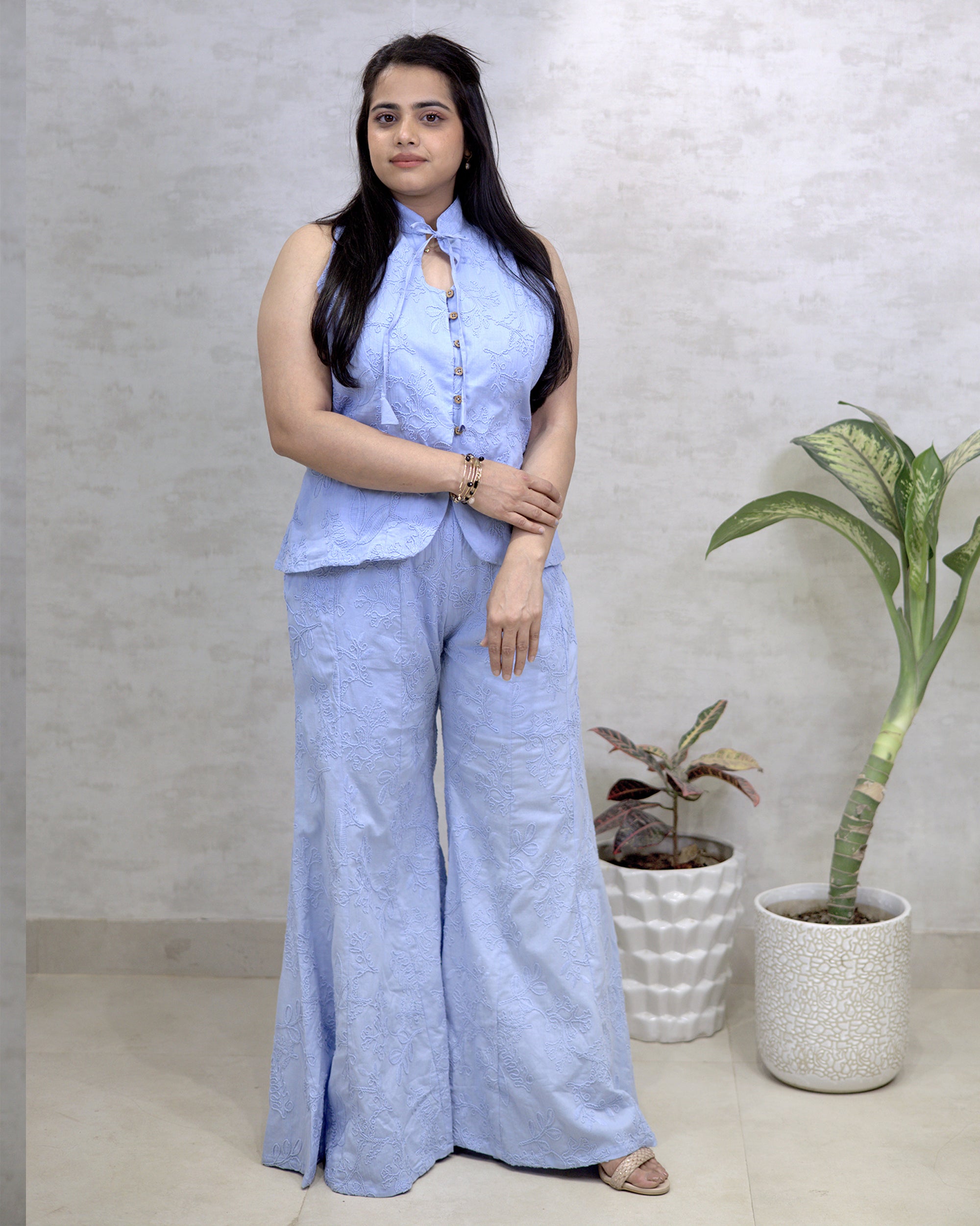 Thread Embroidered Schiffli Vest Top with Flared Pants