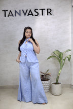 Thread Embroidered Schiffli Vest Top with Flared Pants
