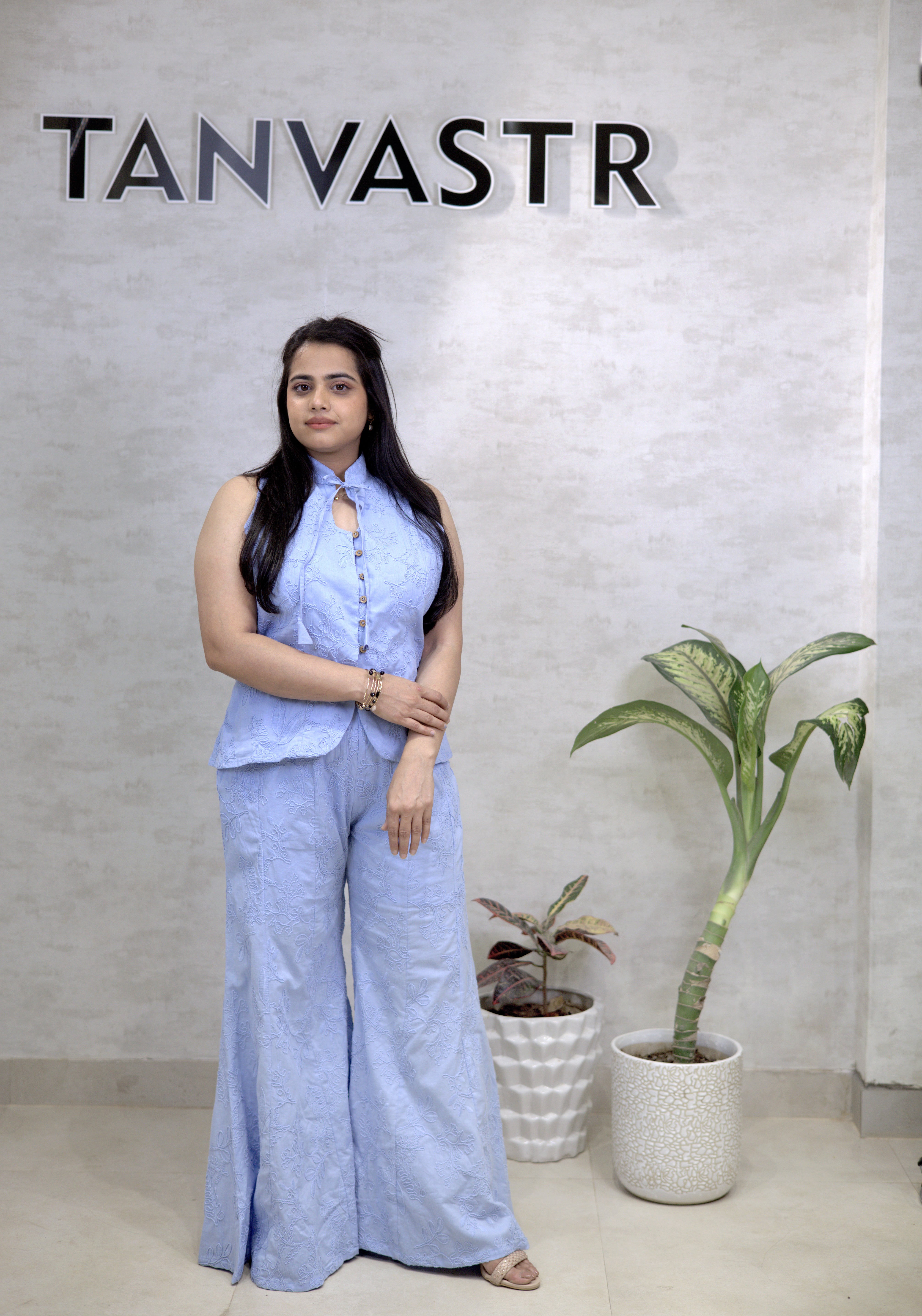 Thread Embroidered Schiffli Vest Top with Flared Pants