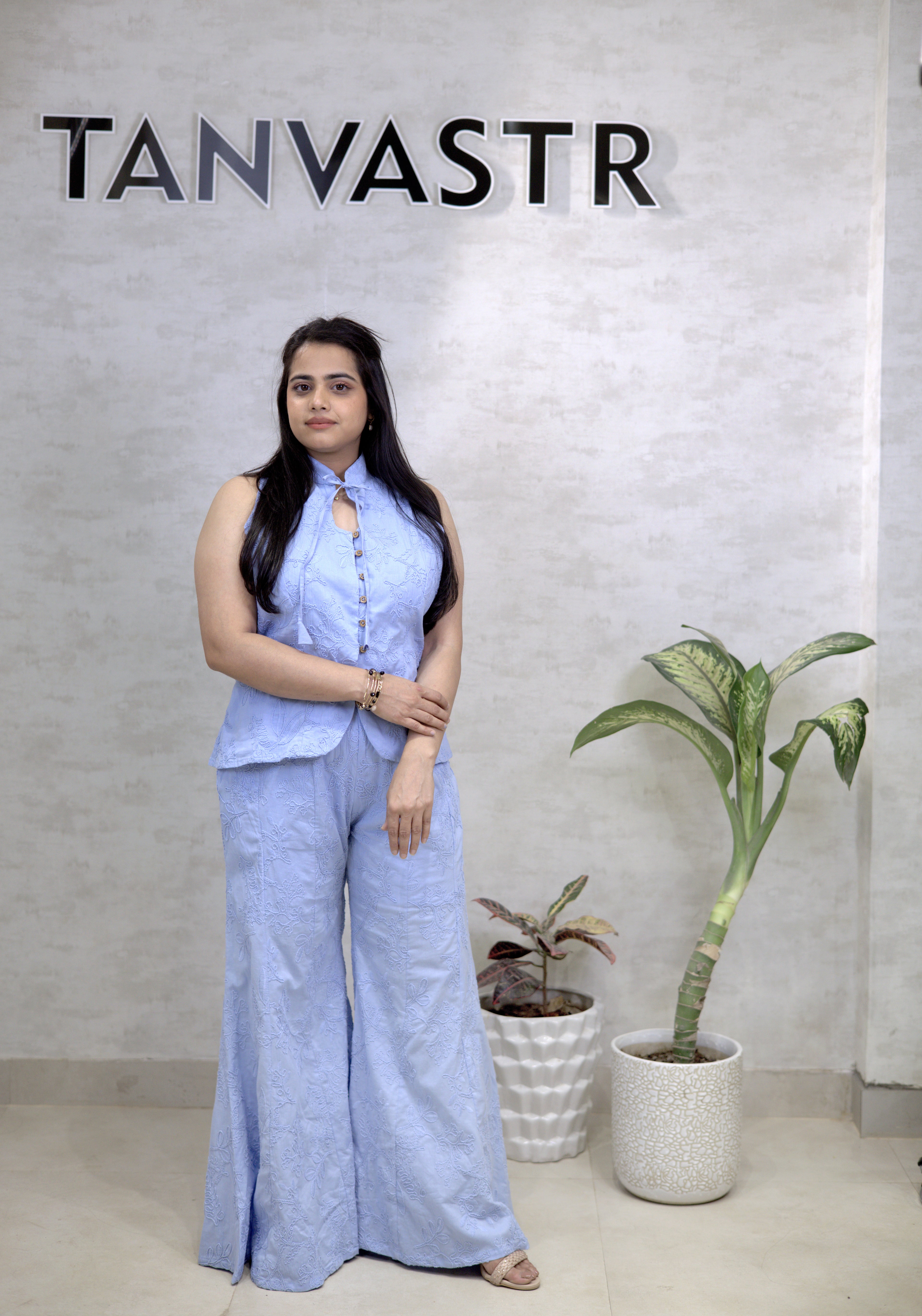 Thread Embroidered Schiffli Vest Top with Flared Pants