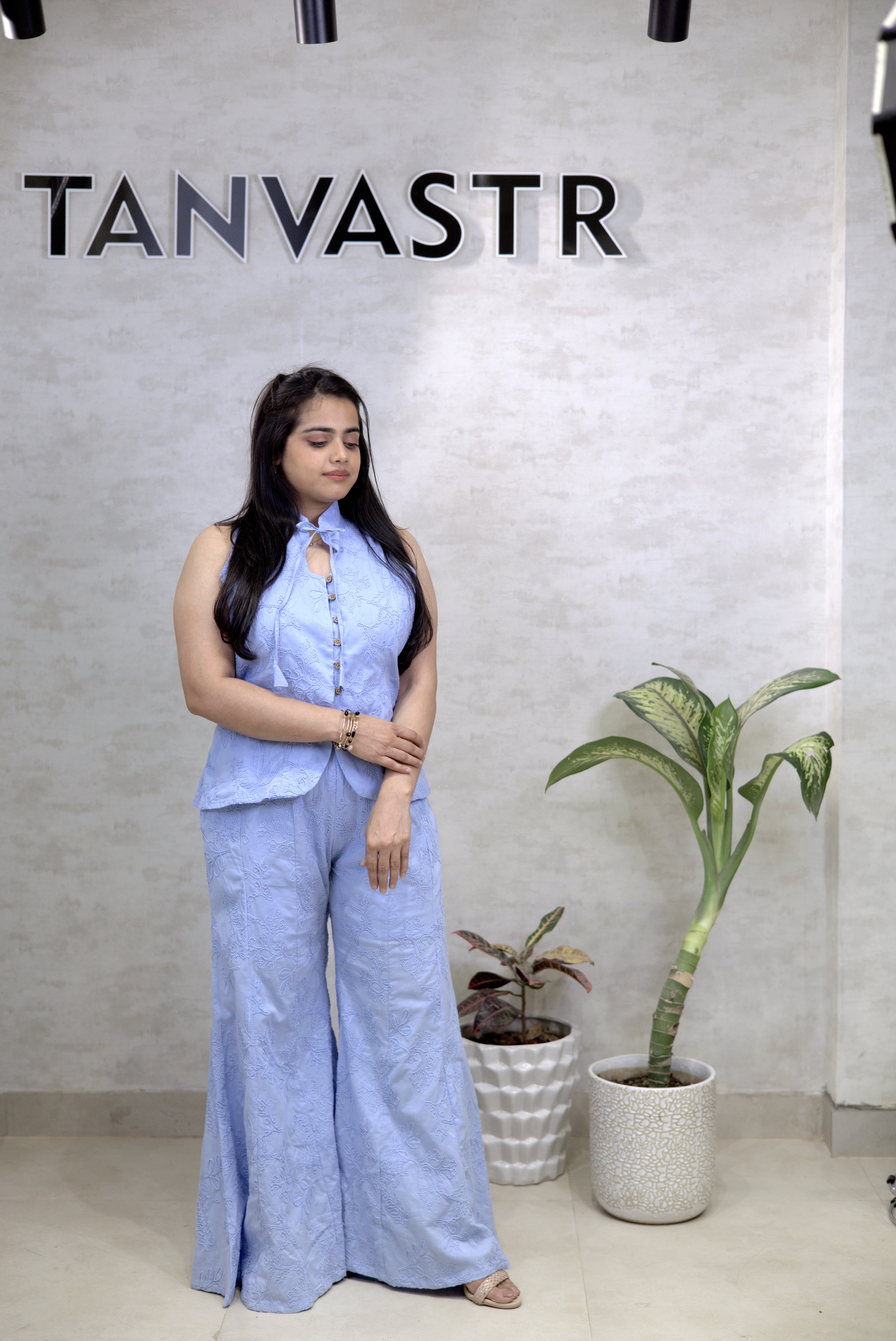 Thread Embroidered Schiffli Vest Top with Flared Pants