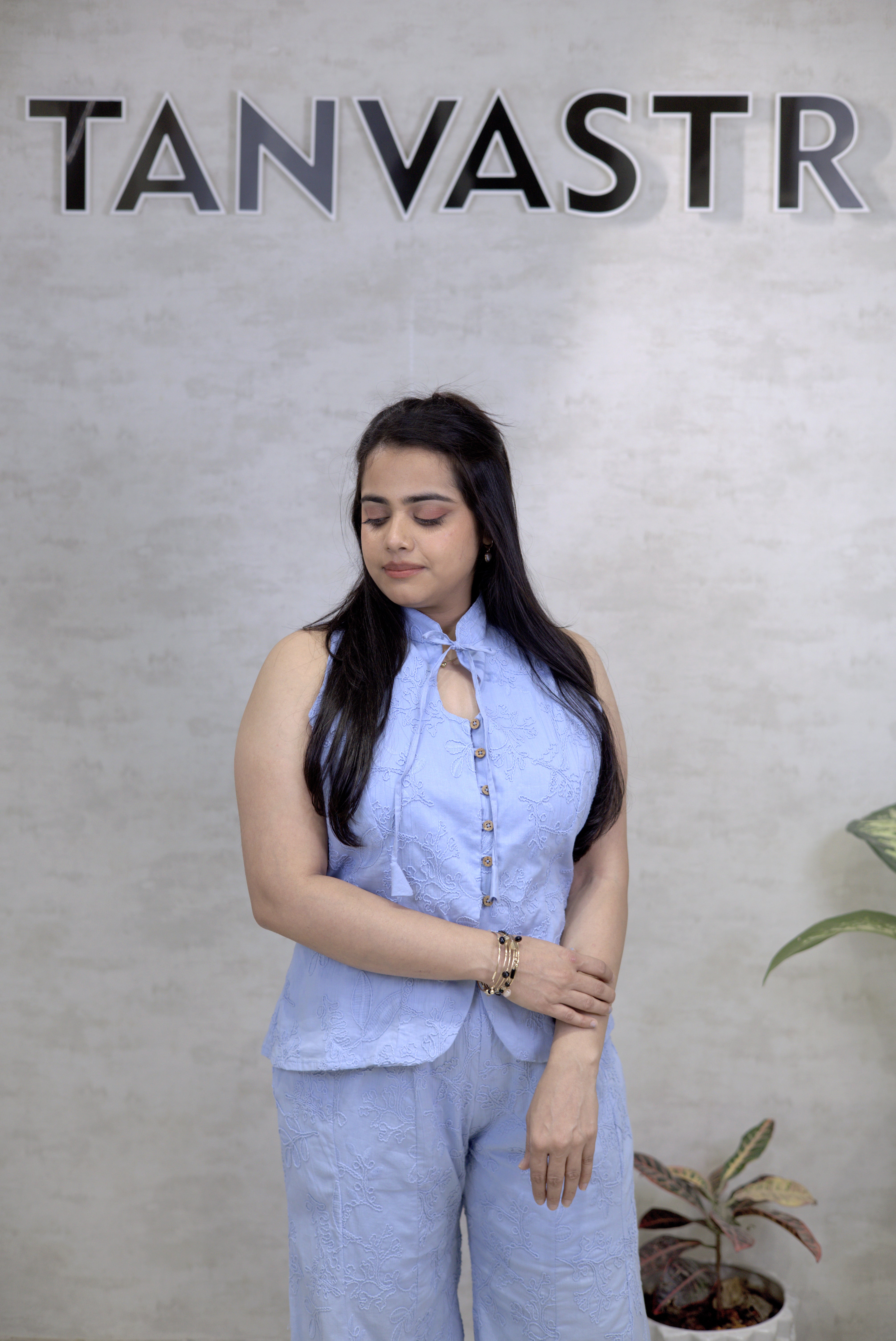 Thread Embroidered Schiffli Vest Top with Flared Pants