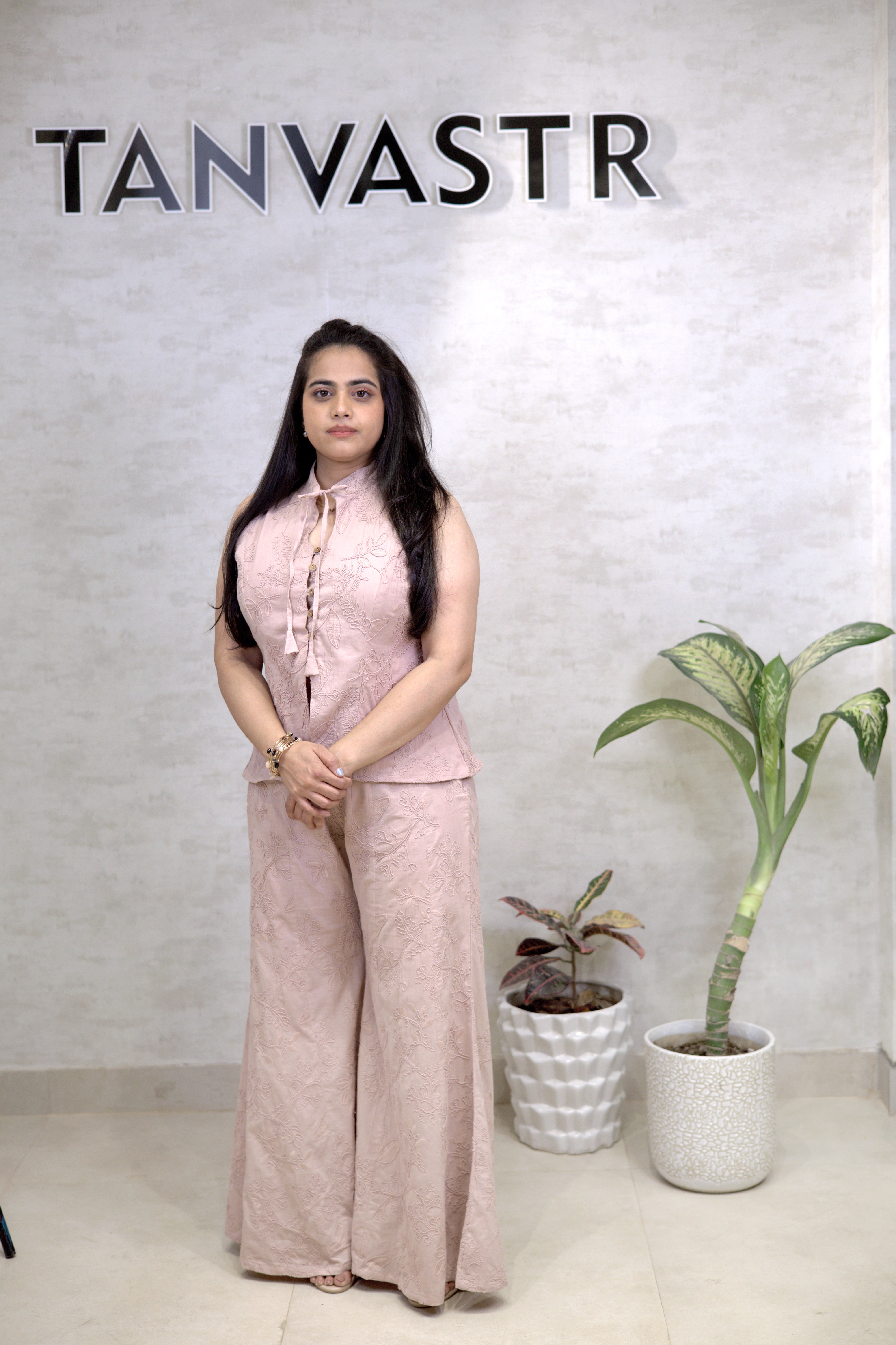 Thread Embroidered Schiffli Vest Top with Flared Pants