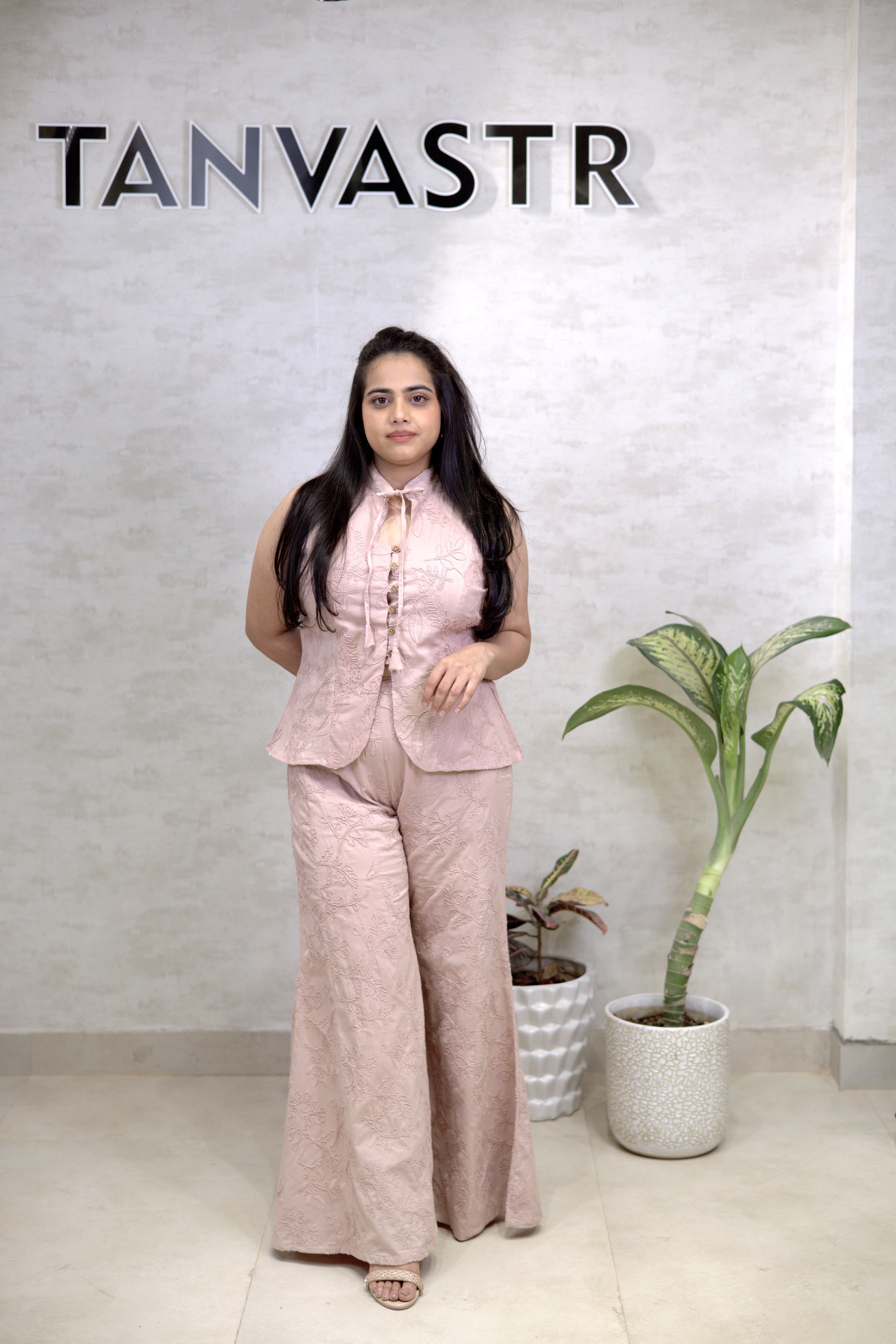 Thread Embroidered Schiffli Vest Top with Flared Pants