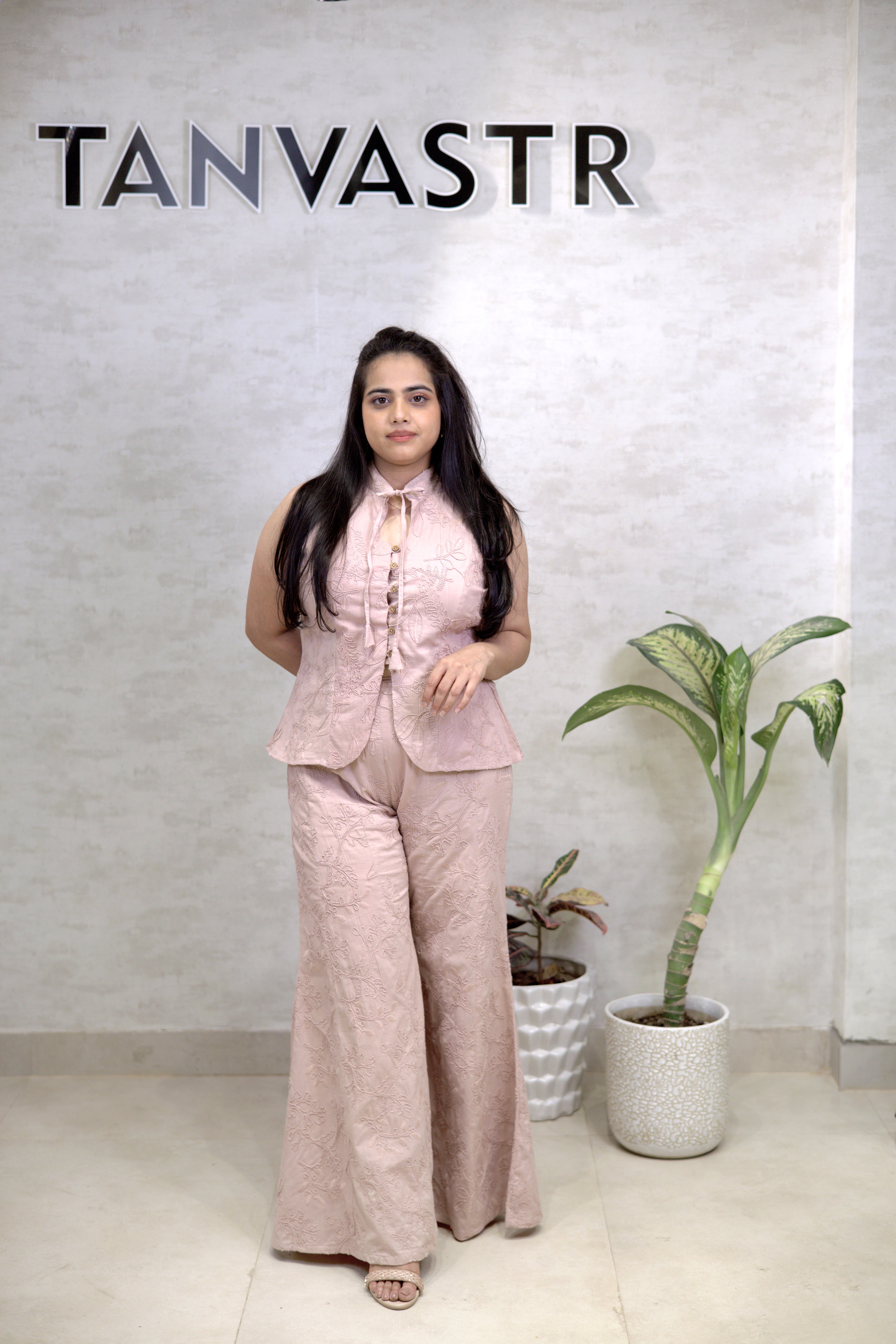 Thread Embroidered Schiffli Vest Top with Flared Pants